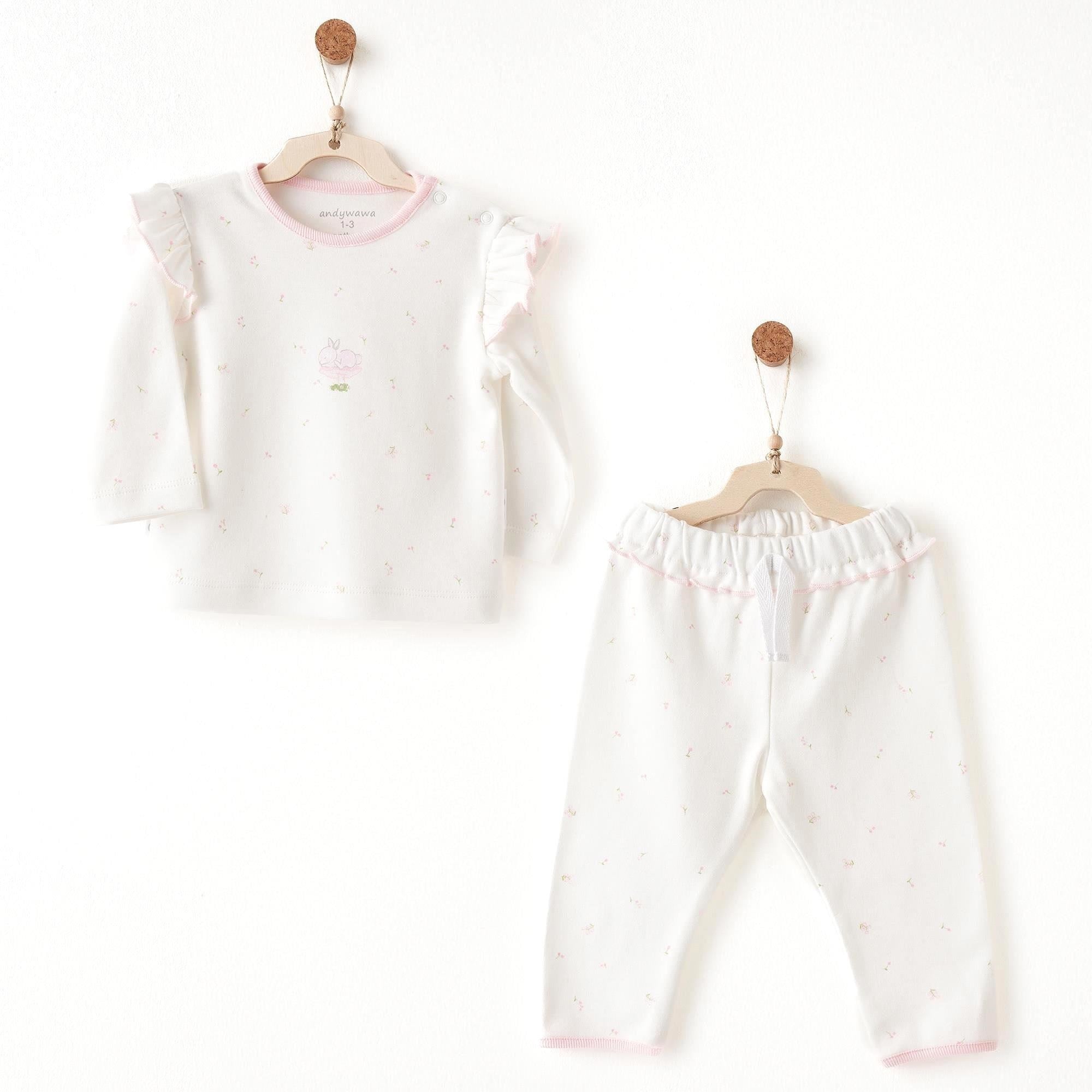 Andywawa Kız Bebek Summer Time Çiçekli  Alt Üst Takım Ekru AC26507