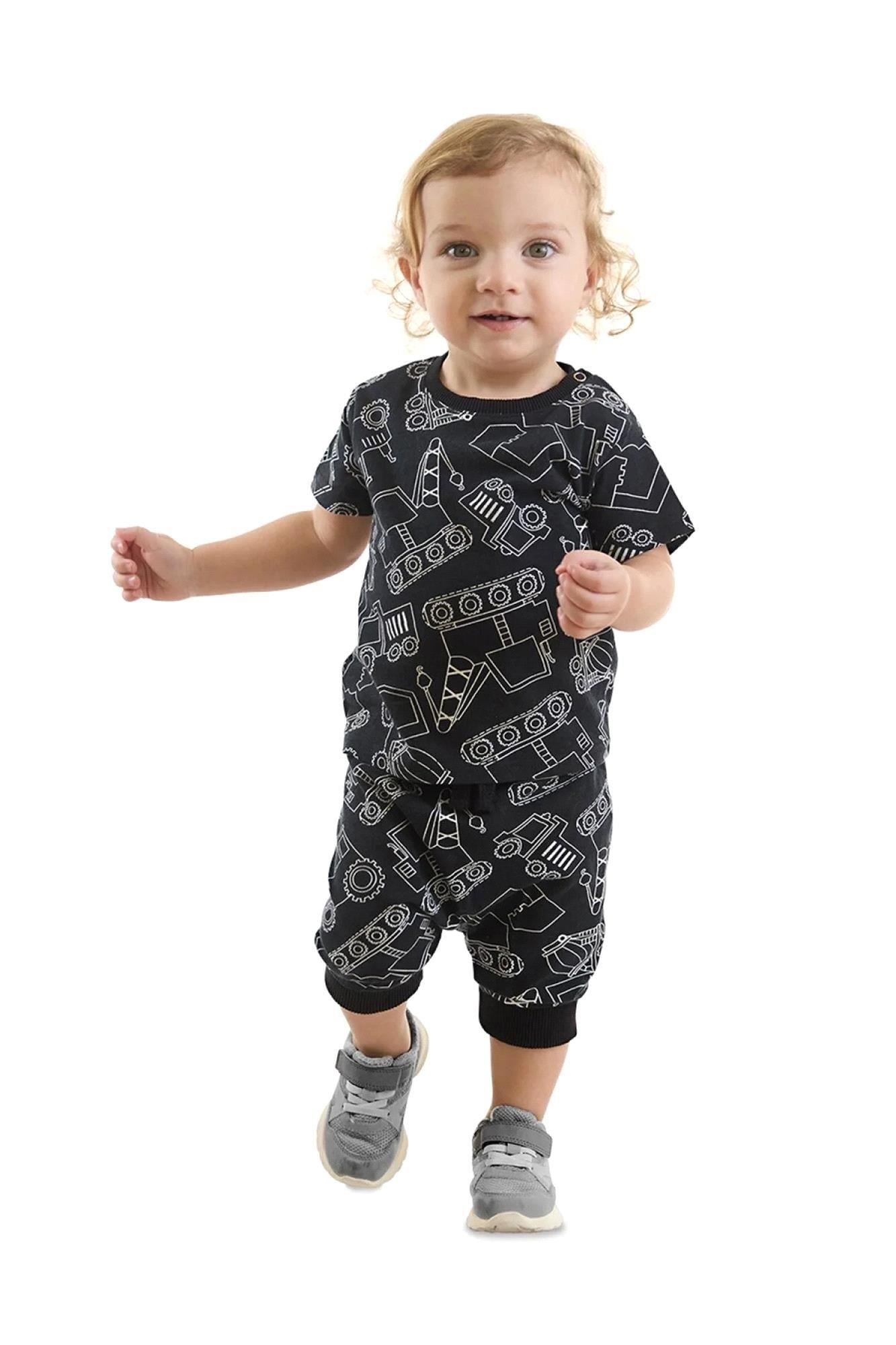 Denokids Erkek Bebek Araba T-Shirt Kapri Şort Takım Siyah CFF-24Y1-097