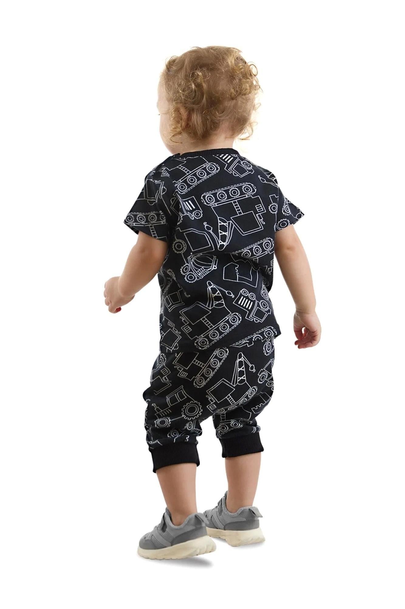 Denokids Erkek Bebek Araba T-Shirt Kapri Şort Takım Siyah CFF-24Y1-097