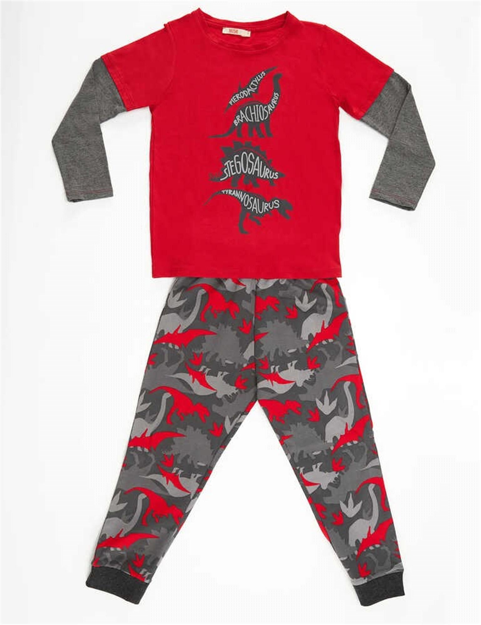 Denokids Erkek Çocuk Dino Çetesi Kamuflaj Pantolon Takım Kırmızı MS-20S1-034