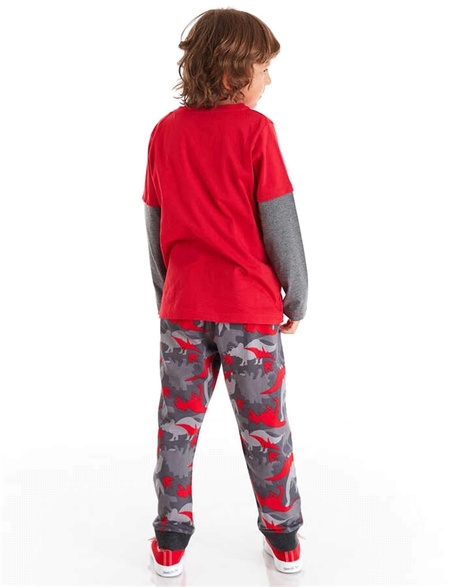 Denokids Erkek Çocuk Dino Çetesi Kamuflaj Pantolon Takım Kırmızı MS-20S1-034