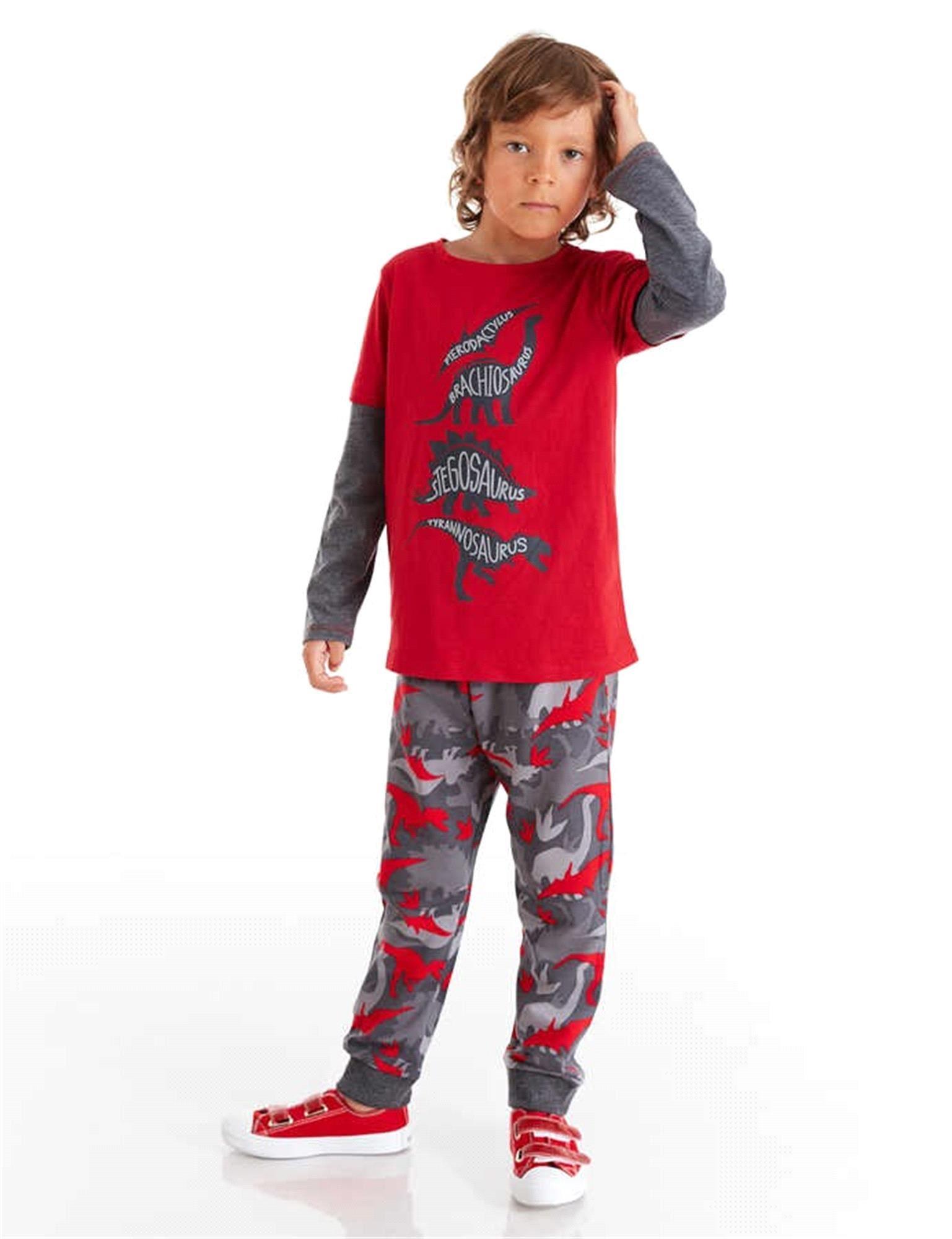 Denokids Erkek Çocuk Dino Çetesi Kamuflaj Pantolon Takım Kırmızı MS-20S1-034