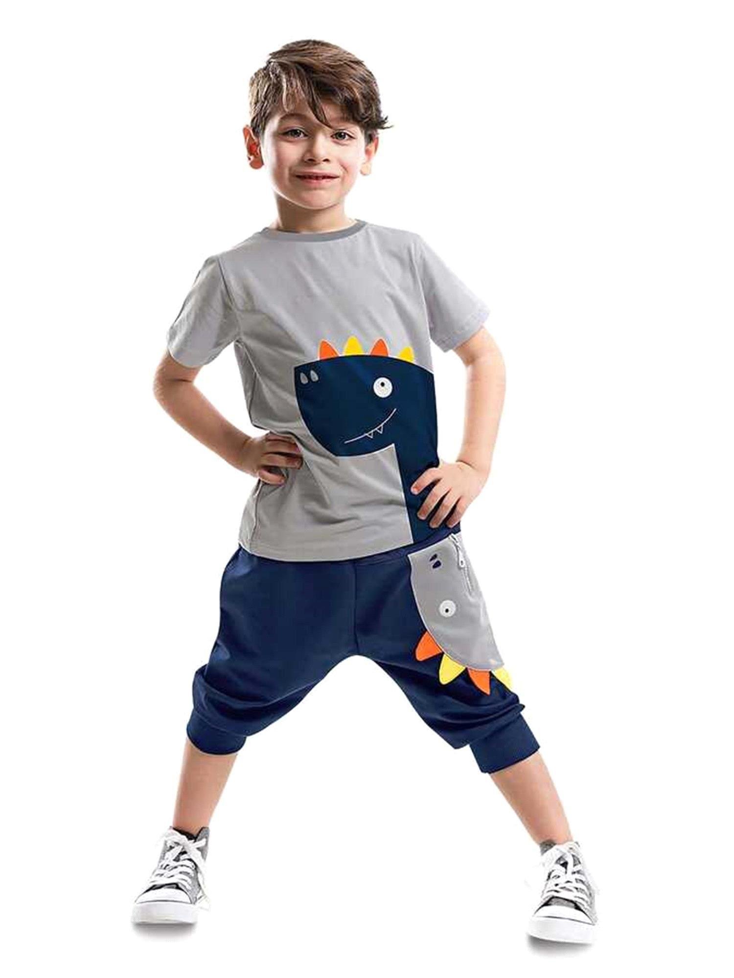 Denokids Erkek Çocuk Fermuar Dino T-shirt Kapri Şort Takım CFF-19Y1-197