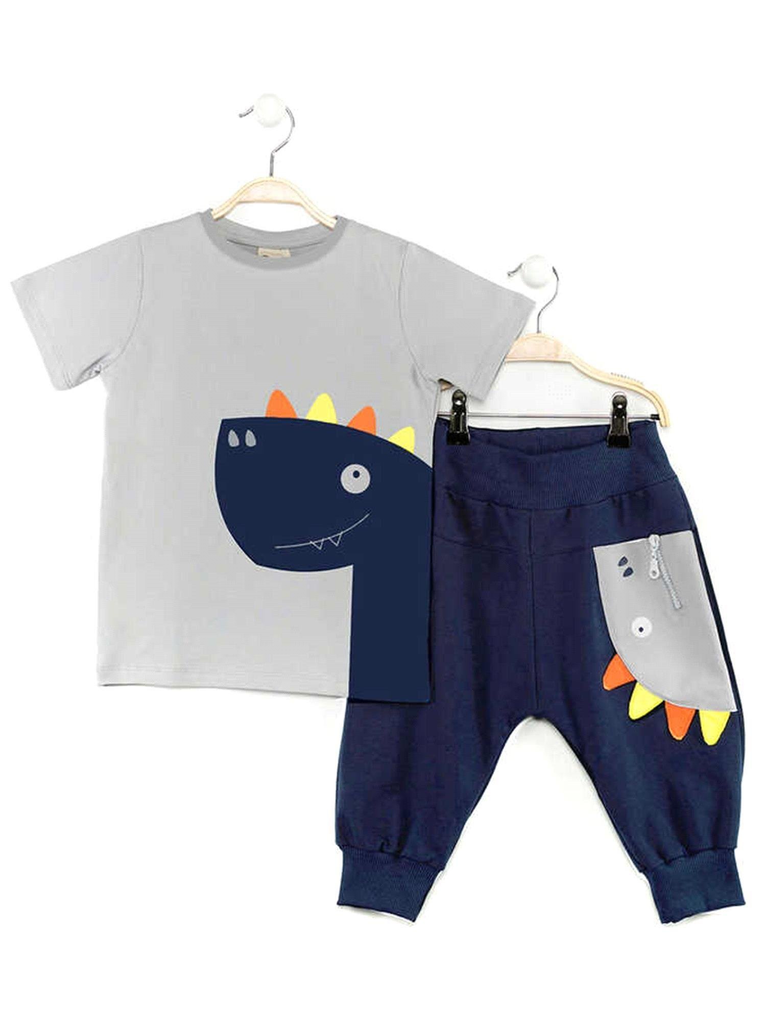 Denokids Erkek Çocuk Fermuar Dino T-shirt Kapri Şort Takım CFF-19Y1-197