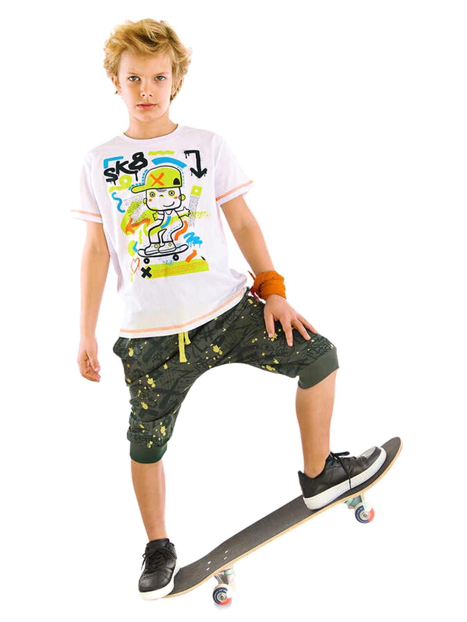 Denokids Erkek Çocuk Kaykay Splash T-shirt Kapri Takım MS-24Y1-020
