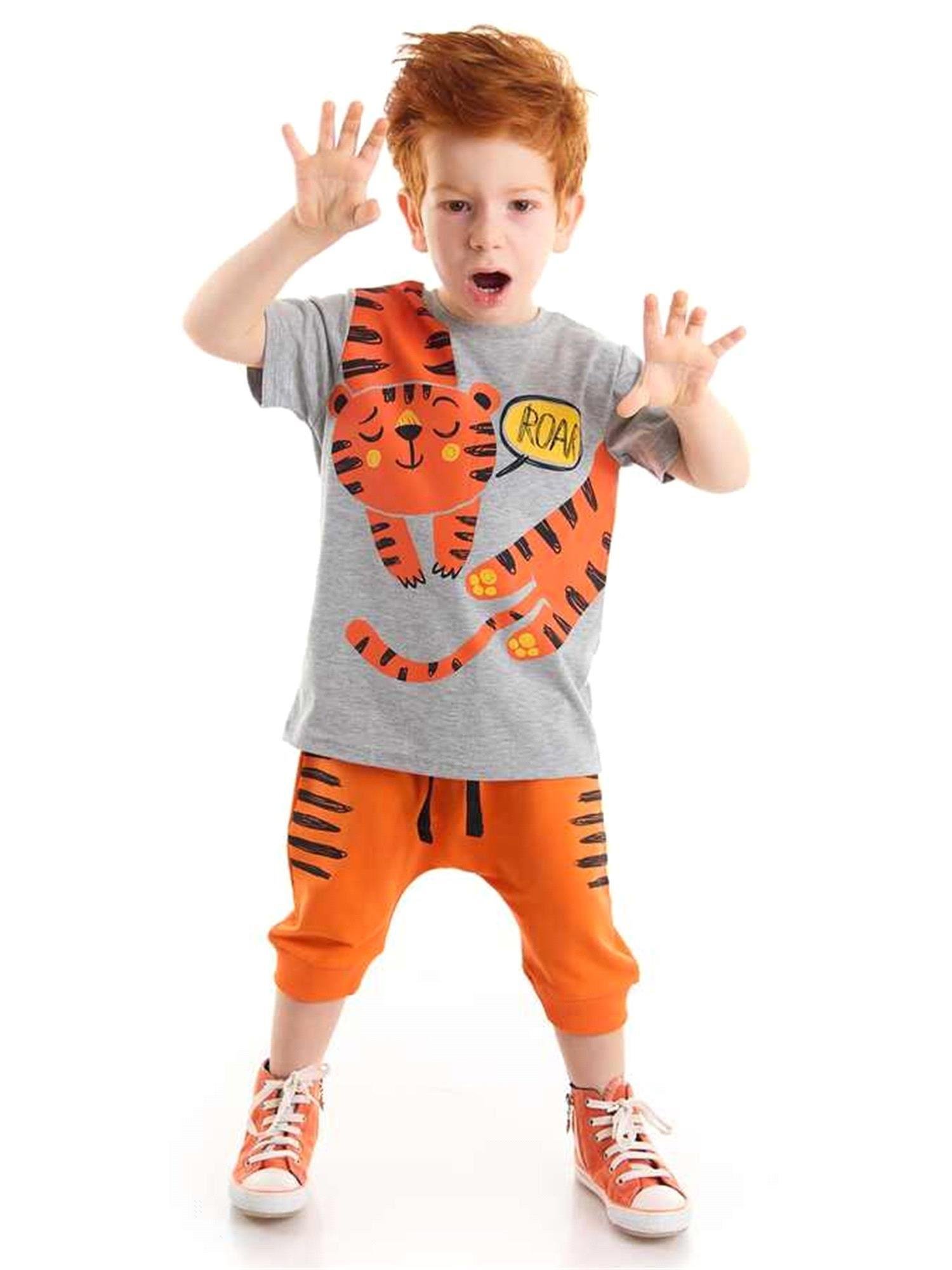 Denokids Erkek Çocuk Roar Kaplan T-shirt Kapri Şort Takım CFF-22Y1-049