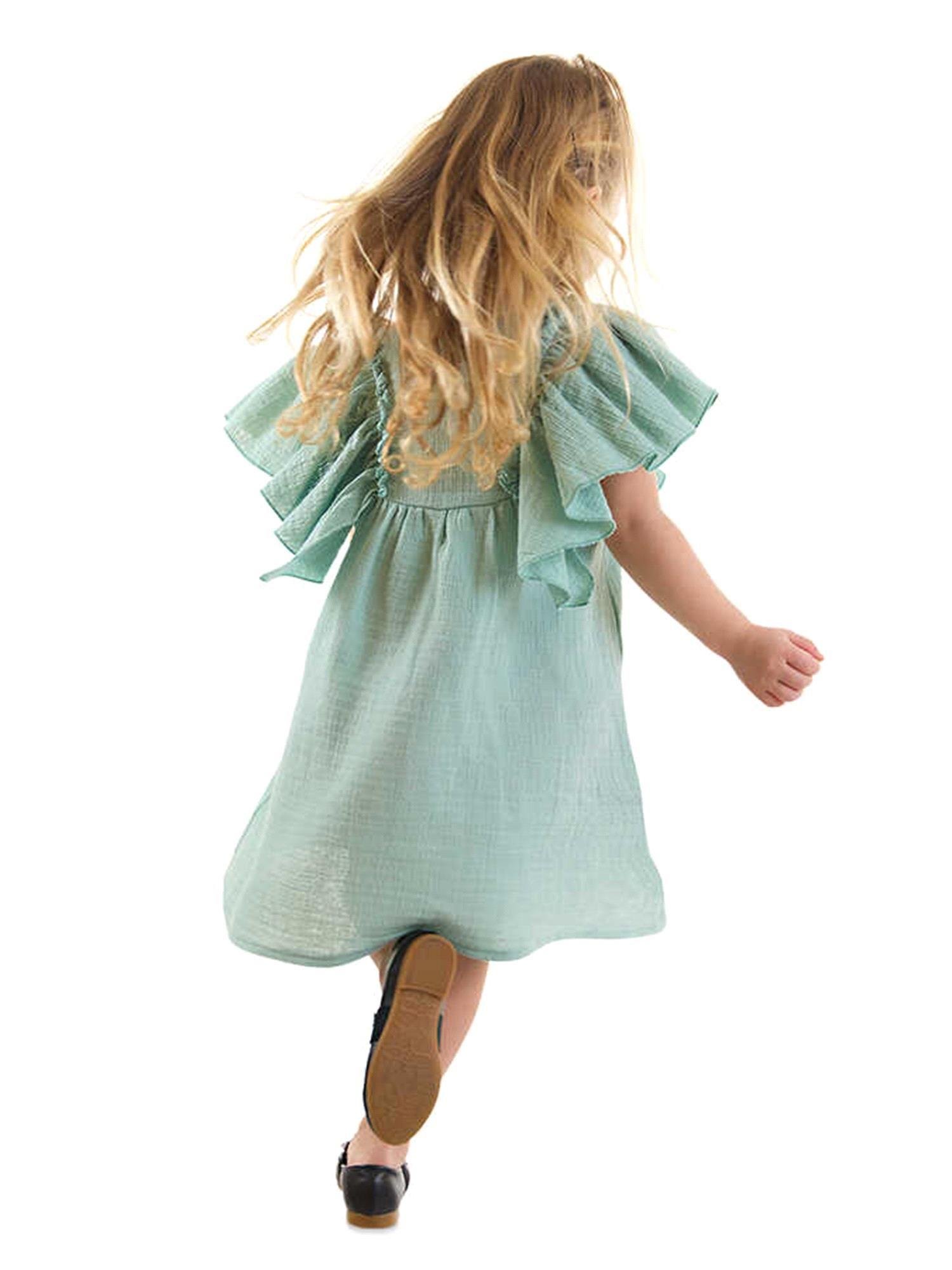 Denokids Kız Bebek Çocuk Çiçekli Müslin Elbise Yeşil CFF-24Y1-057