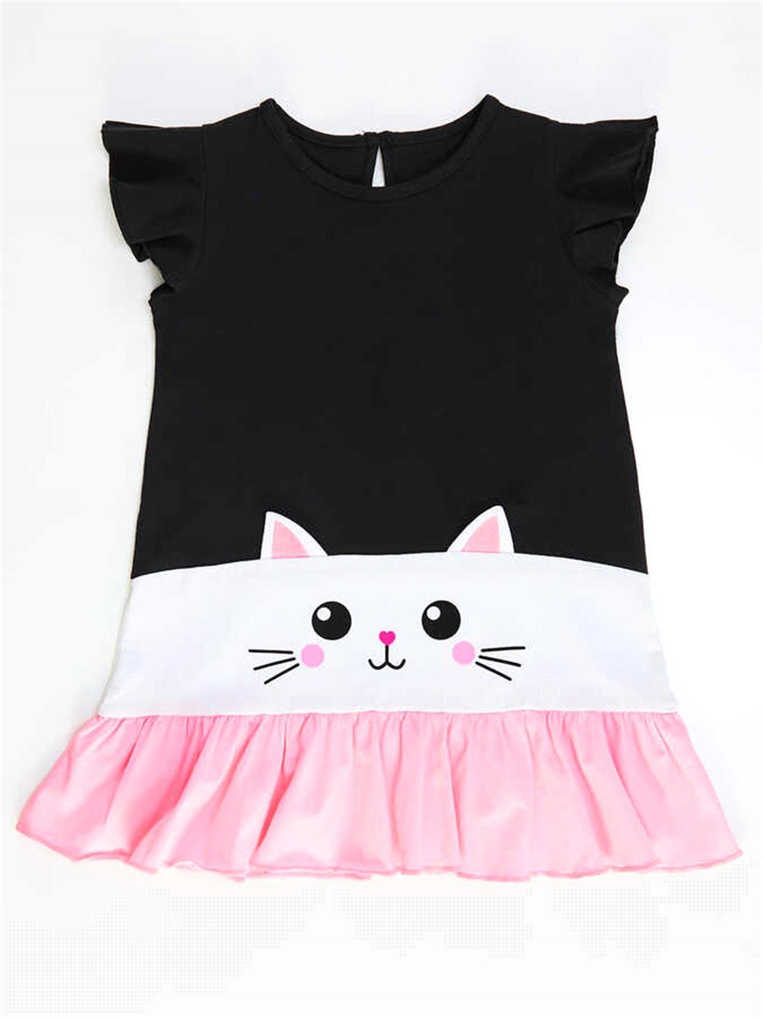 Denokids Kız Çocuk Beyaz Kedi Fırfırlı Elbise Lacivert CFF-21Y2-045