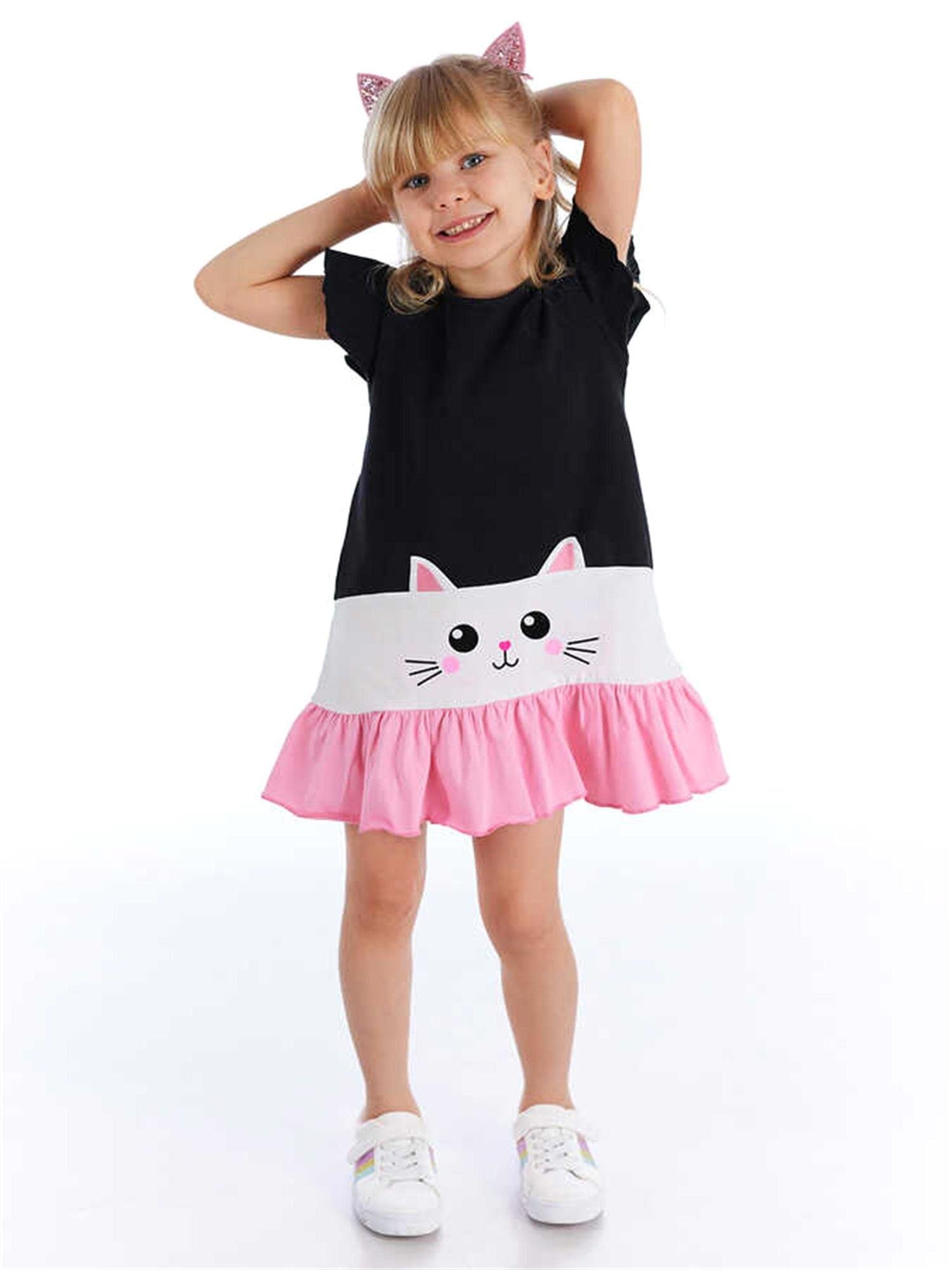 Denokids Kız Çocuk Beyaz Kedi Fırfırlı Elbise Lacivert CFF-21Y2-045
