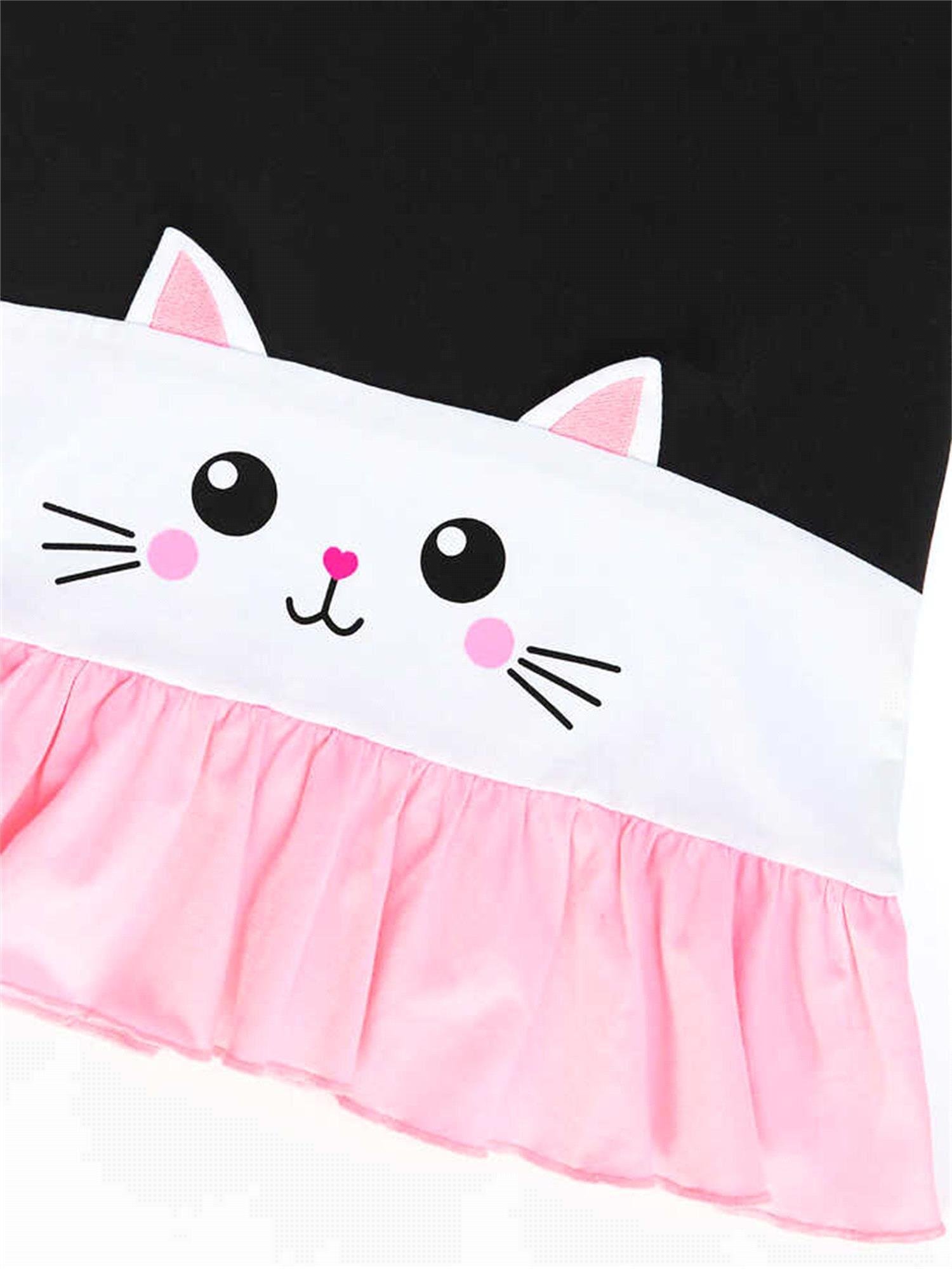 Denokids Kız Çocuk Beyaz Kedi Fırfırlı Elbise Lacivert CFF-21Y2-045