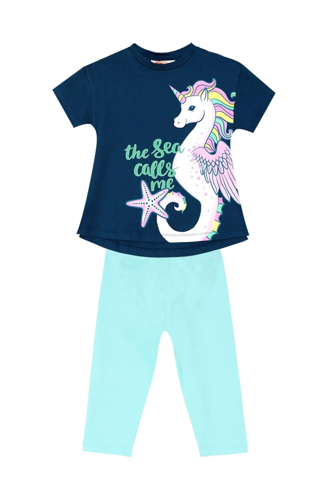 Denokids Kız Çocuk Denizatı Unicorn Tunik Tayt Takım Lacivert MS-20Y1-064