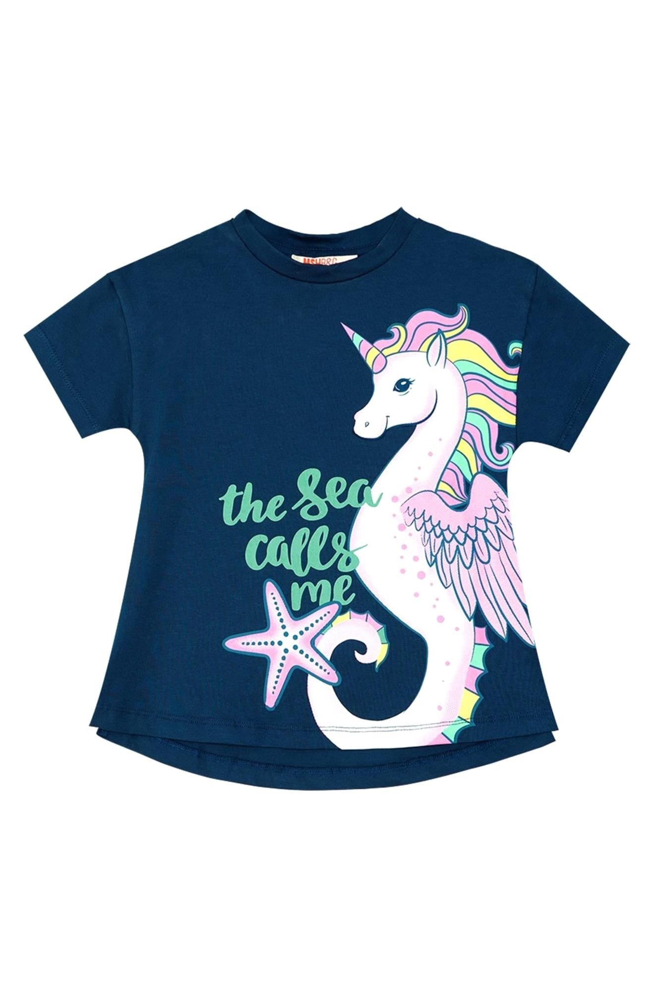Denokids Kız Çocuk Denizatı Unicorn Tunik Tayt Takım Lacivert MS-20Y1-064