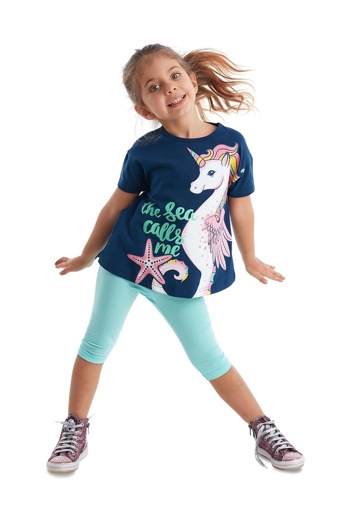 Denokids Kız Çocuk Denizatı Unicorn Tunik Tayt Takım Lacivert MS-20Y1-064