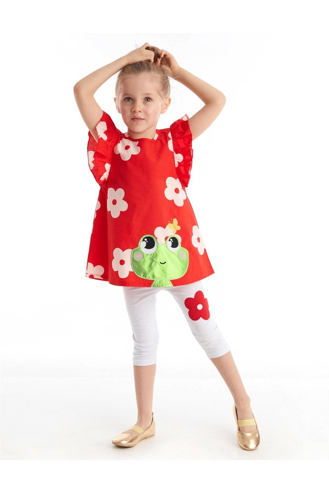 Denokids Kız Çocuk Frog Tunik Tayt Takım Kırmızı CFF-20Y1-045