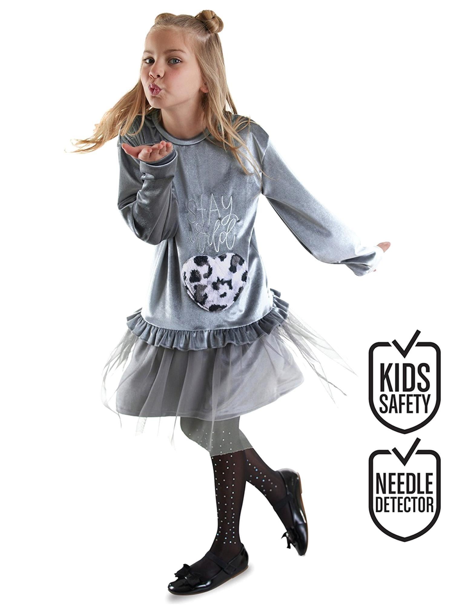 Denokids Kız Çocuk Leopar Cepli Kadife Elbise Gri CFF-25S1-097