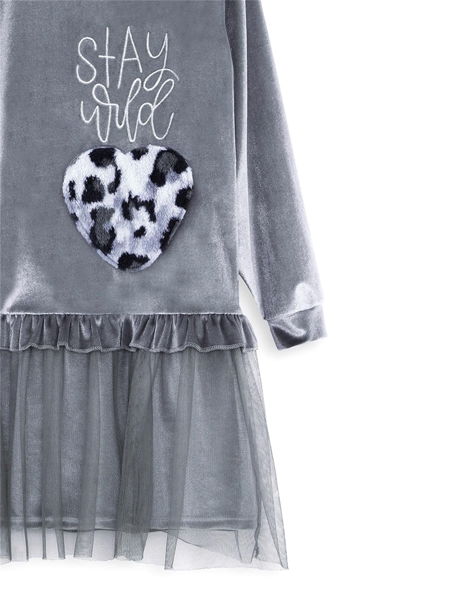 Denokids Kız Çocuk Leopar Cepli Kadife Elbise Gri CFF-25S1-097