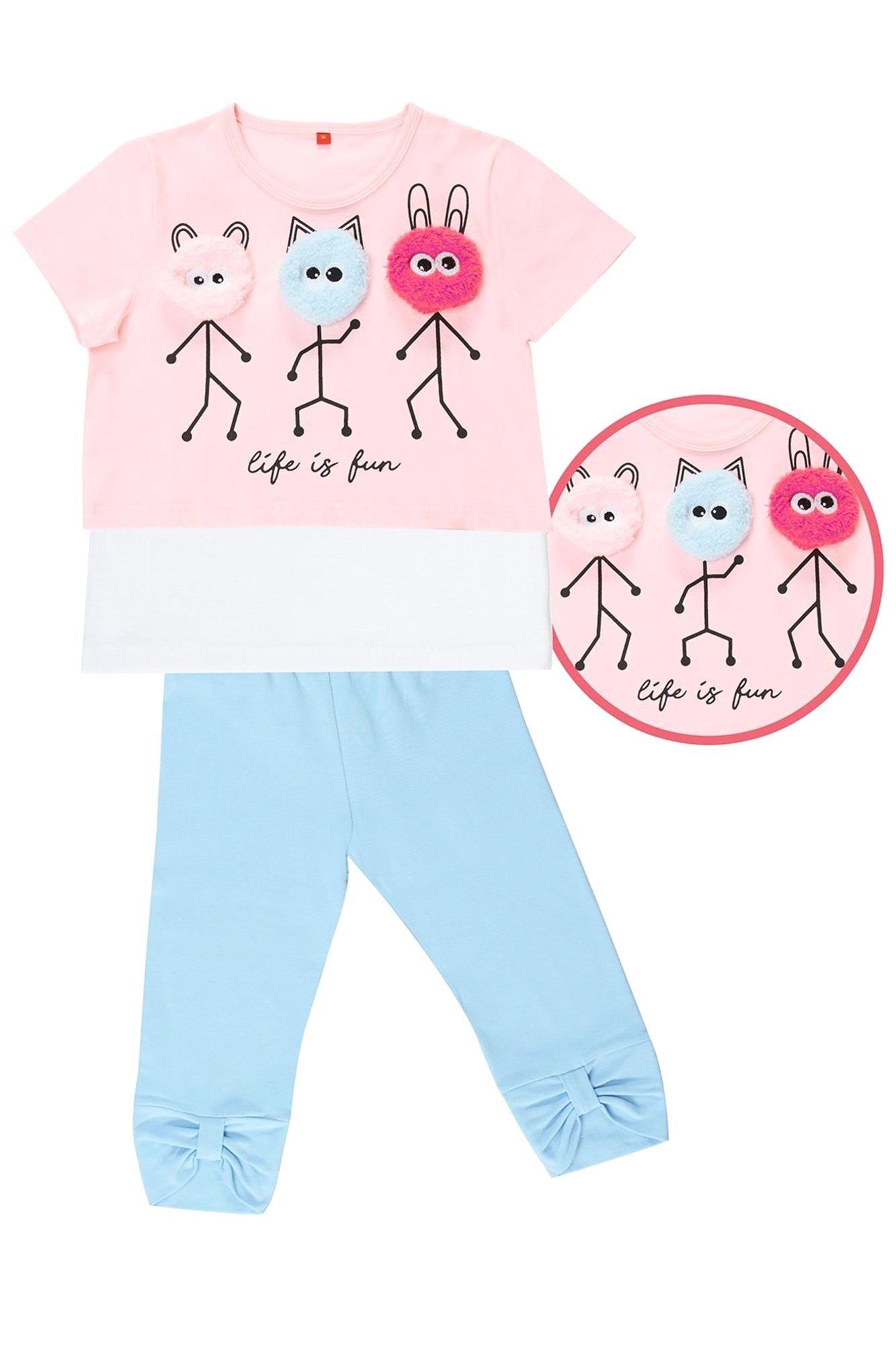 Denokids Kız Çocuk Life Is Fun Kız Çocuk T-shirt Tayt Takım Pembe CFF-19Y2-047