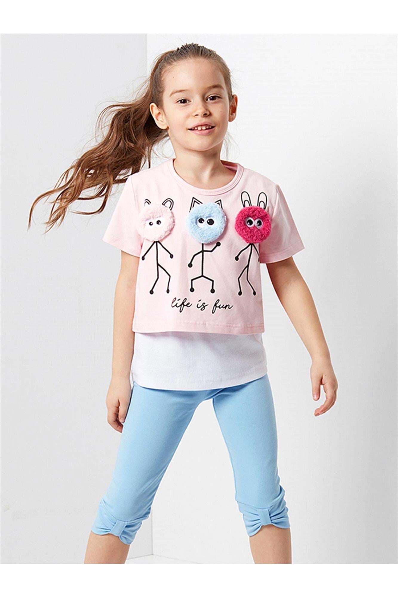 Denokids Kız Çocuk Life Is Fun Kız Çocuk T-shirt Tayt Takım Pembe CFF-19Y2-047