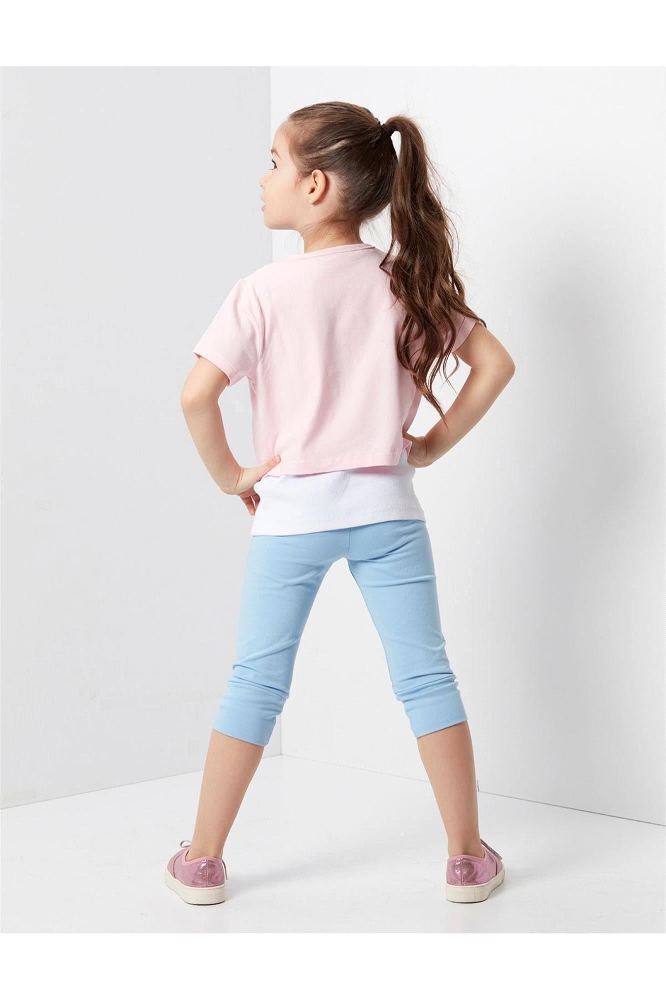Denokids Kız Çocuk Life Is Fun Kız Çocuk T-shirt Tayt Takım Pembe CFF-19Y2-047