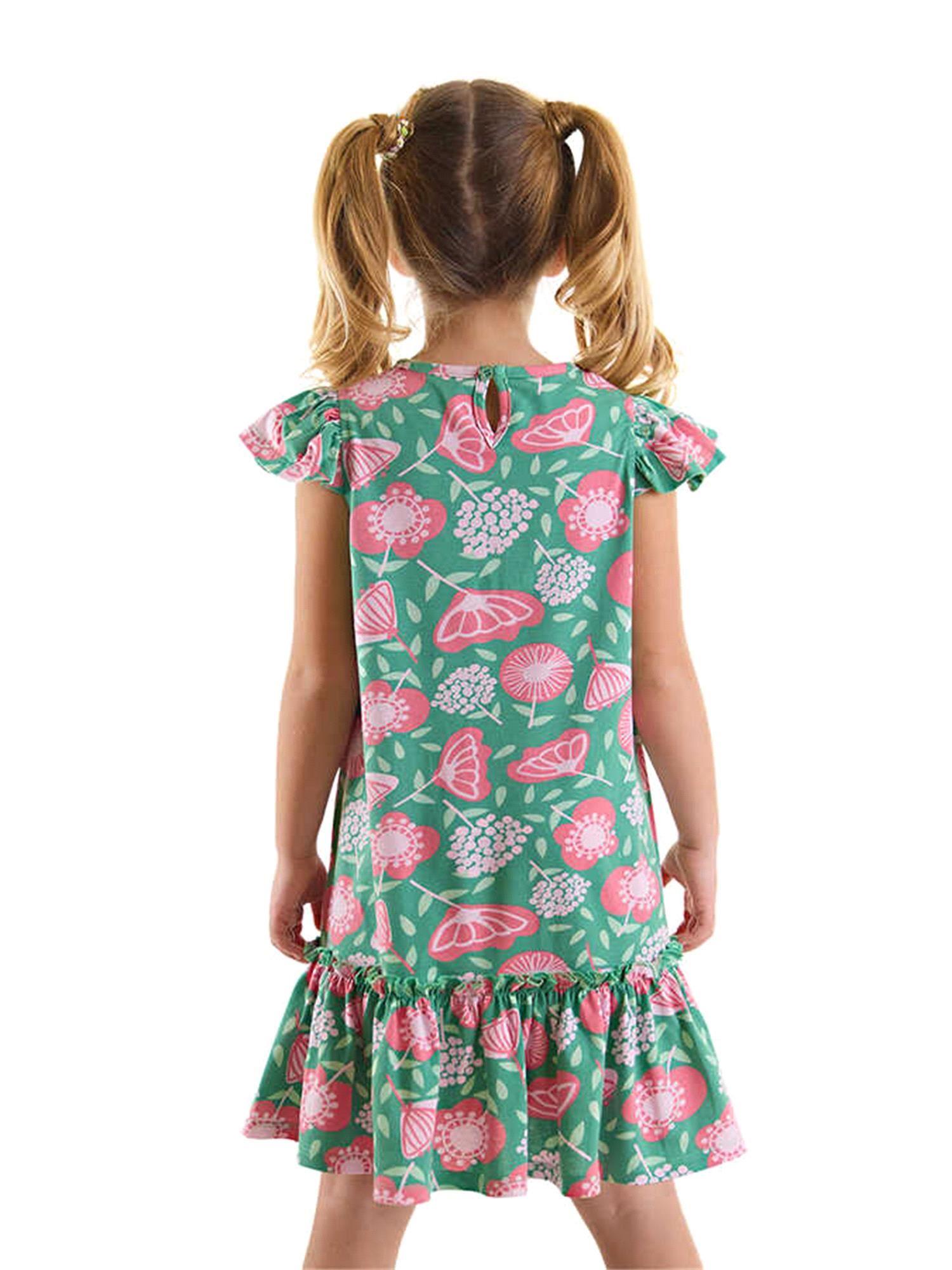 Denokids Kız Çocuk Pembe Çiçekli Fırfırlı Elbise Yeşil CFF-24Y1-077