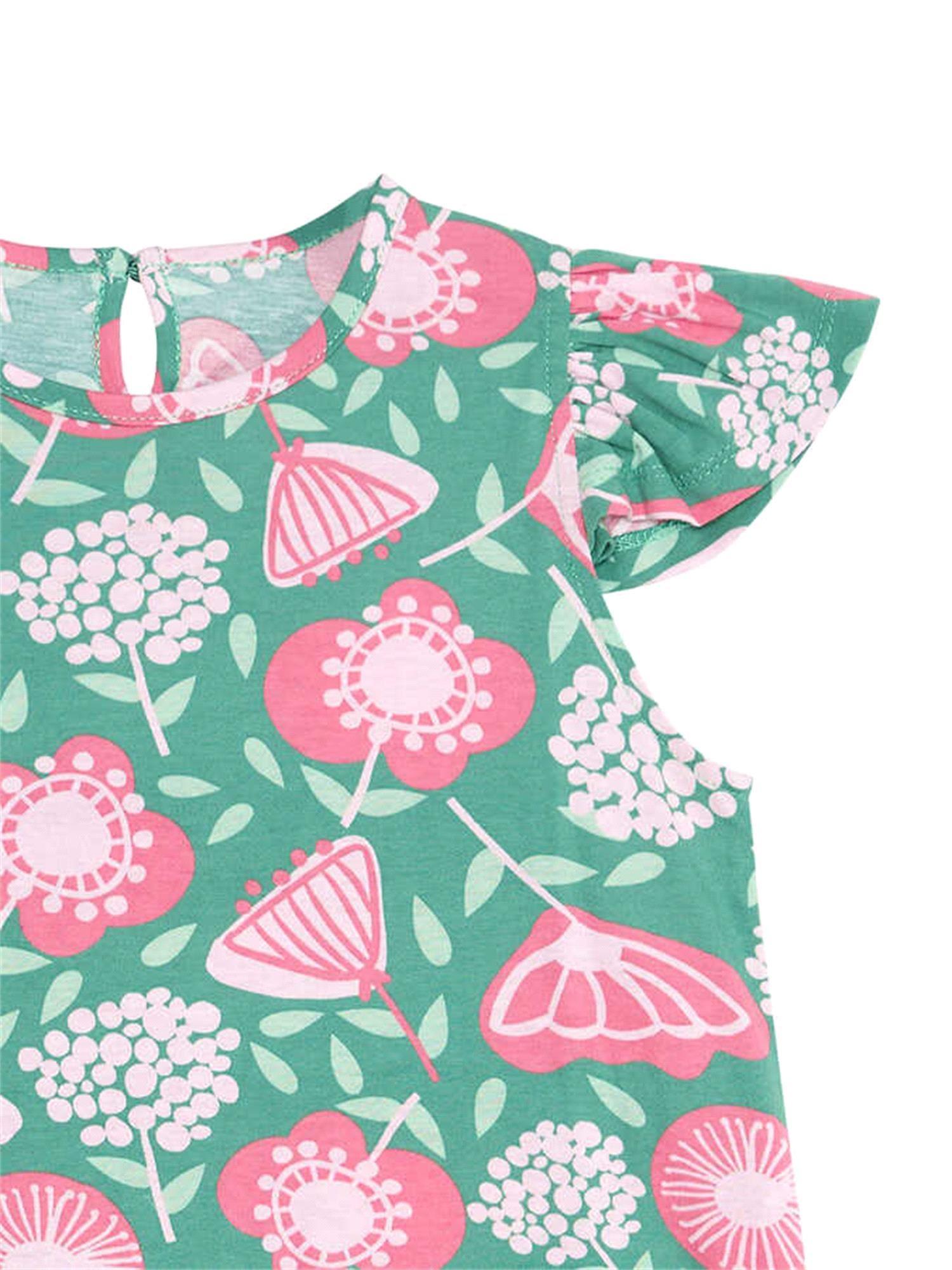 Denokids Kız Çocuk Pembe Çiçekli Fırfırlı Elbise Yeşil CFF-24Y1-077