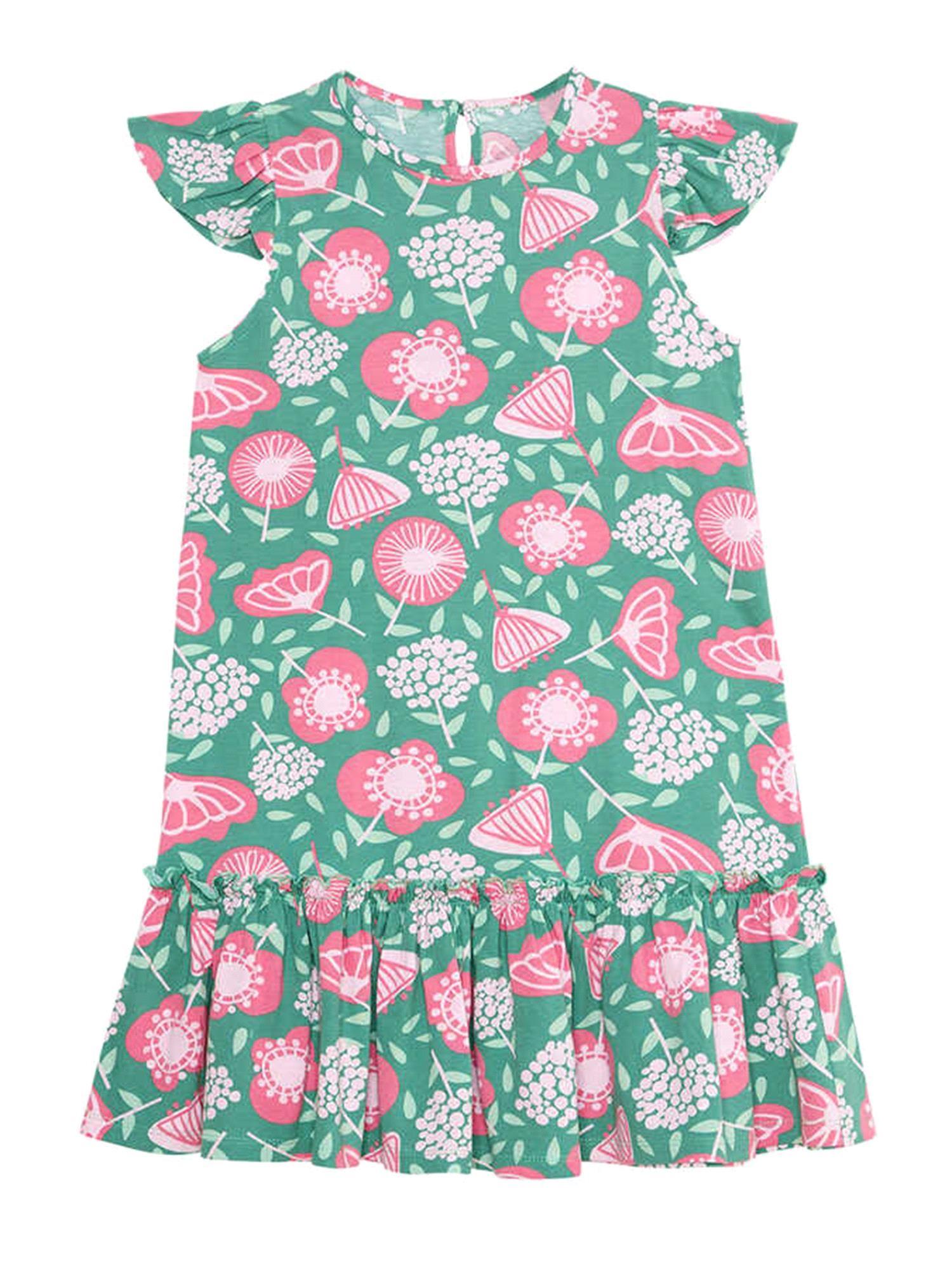 Denokids Kız Çocuk Pembe Çiçekli Fırfırlı Elbise Yeşil CFF-24Y1-077