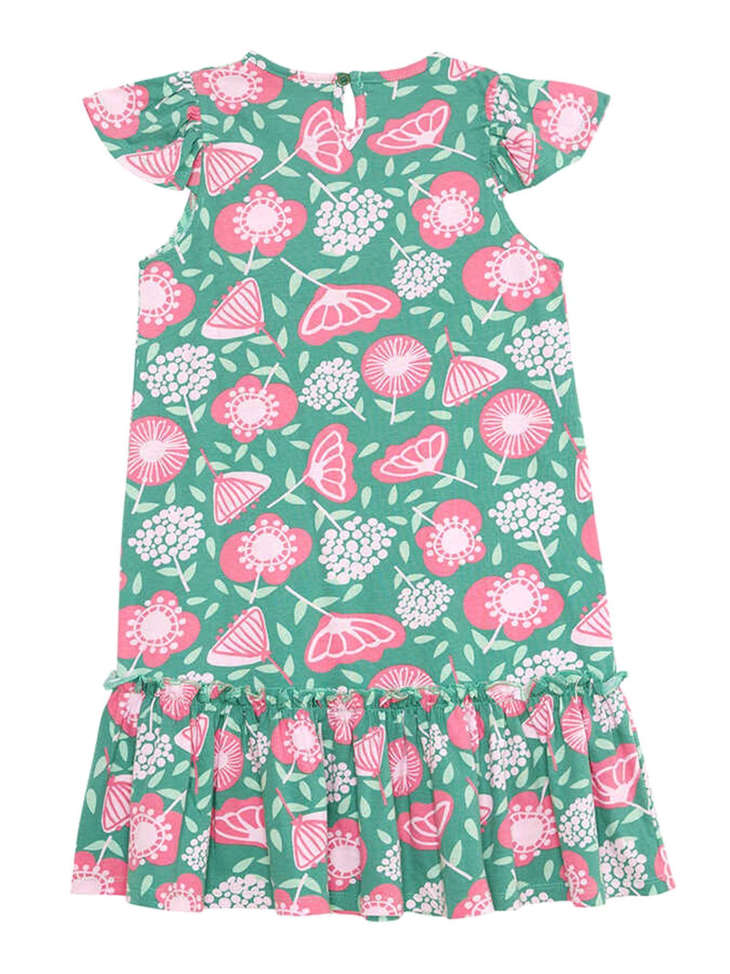 Denokids Kız Çocuk Pembe Çiçekli Fırfırlı Elbise Yeşil CFF-24Y1-077