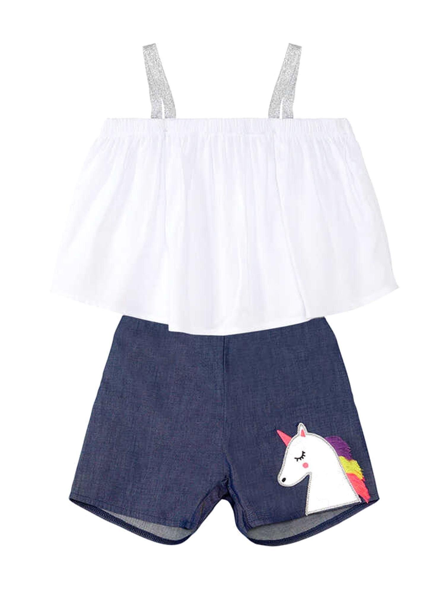 Denokids Kız Çocuk Renkli Püsküllü Unicorn Bluz Denim Şort Takım CFF-24Y1-013