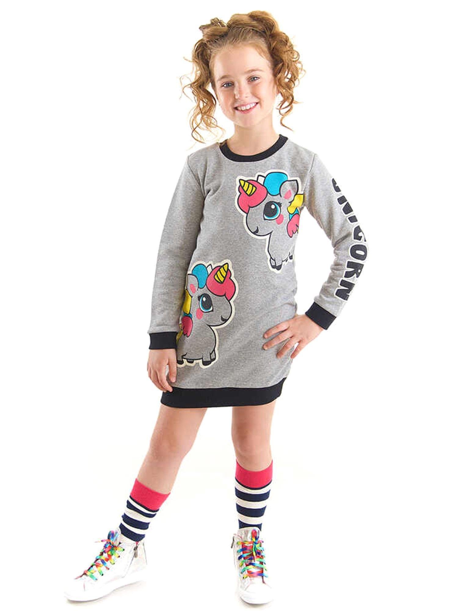 Denokids Kız Çocuk Unicorn Sweat Elbise Gri CFF-22S1-047