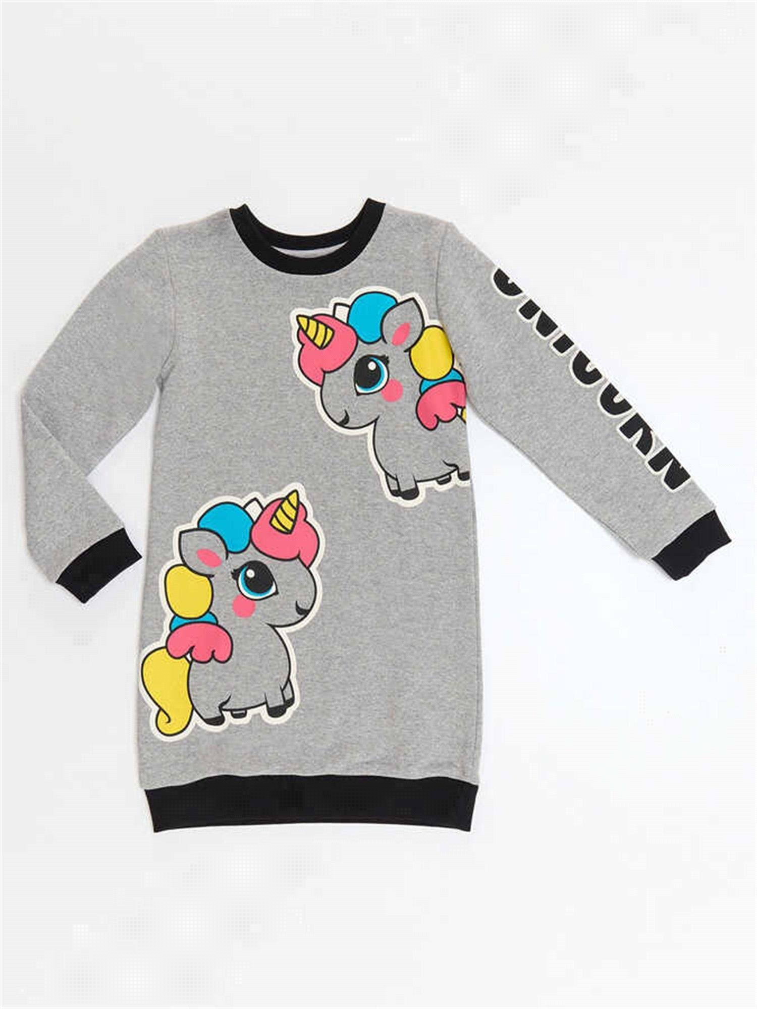 Denokids Kız Çocuk Unicorn Sweat Elbise Gri CFF-22S1-047