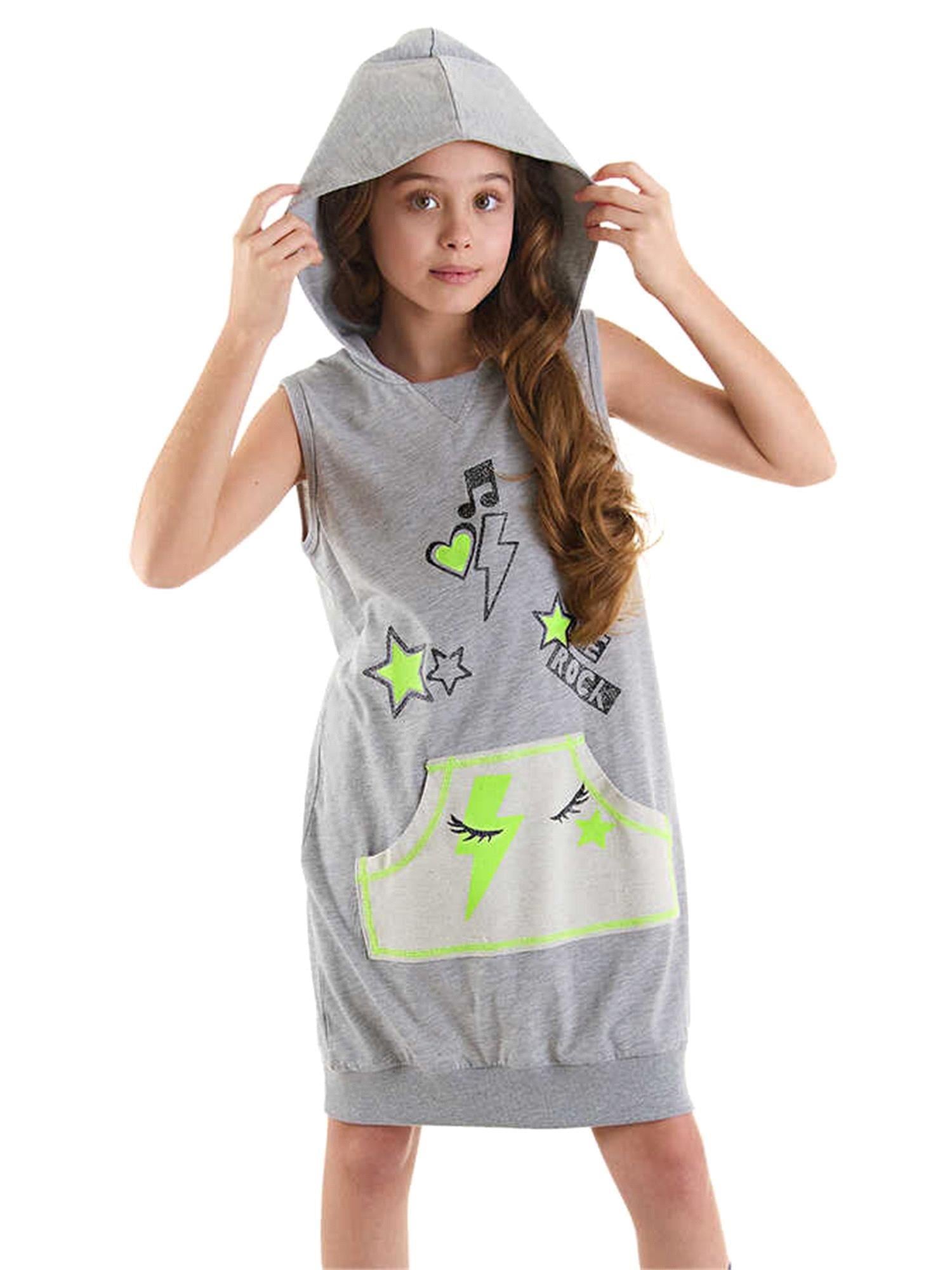 Denokids Kız Çocuk We Rock Kapüşonlu Elbise Gri Melanj MS-24Y1-052