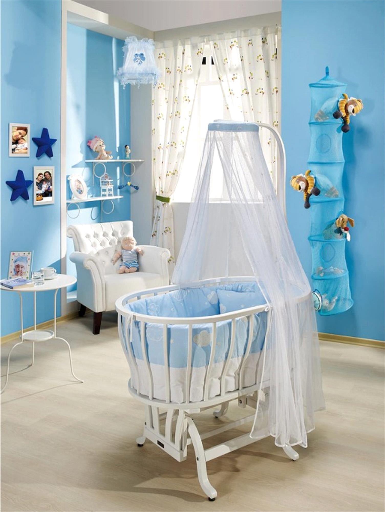 Ege Baby Anne Yanı Sallanır Beyaz Beşik Bulut Mavi Tekstil