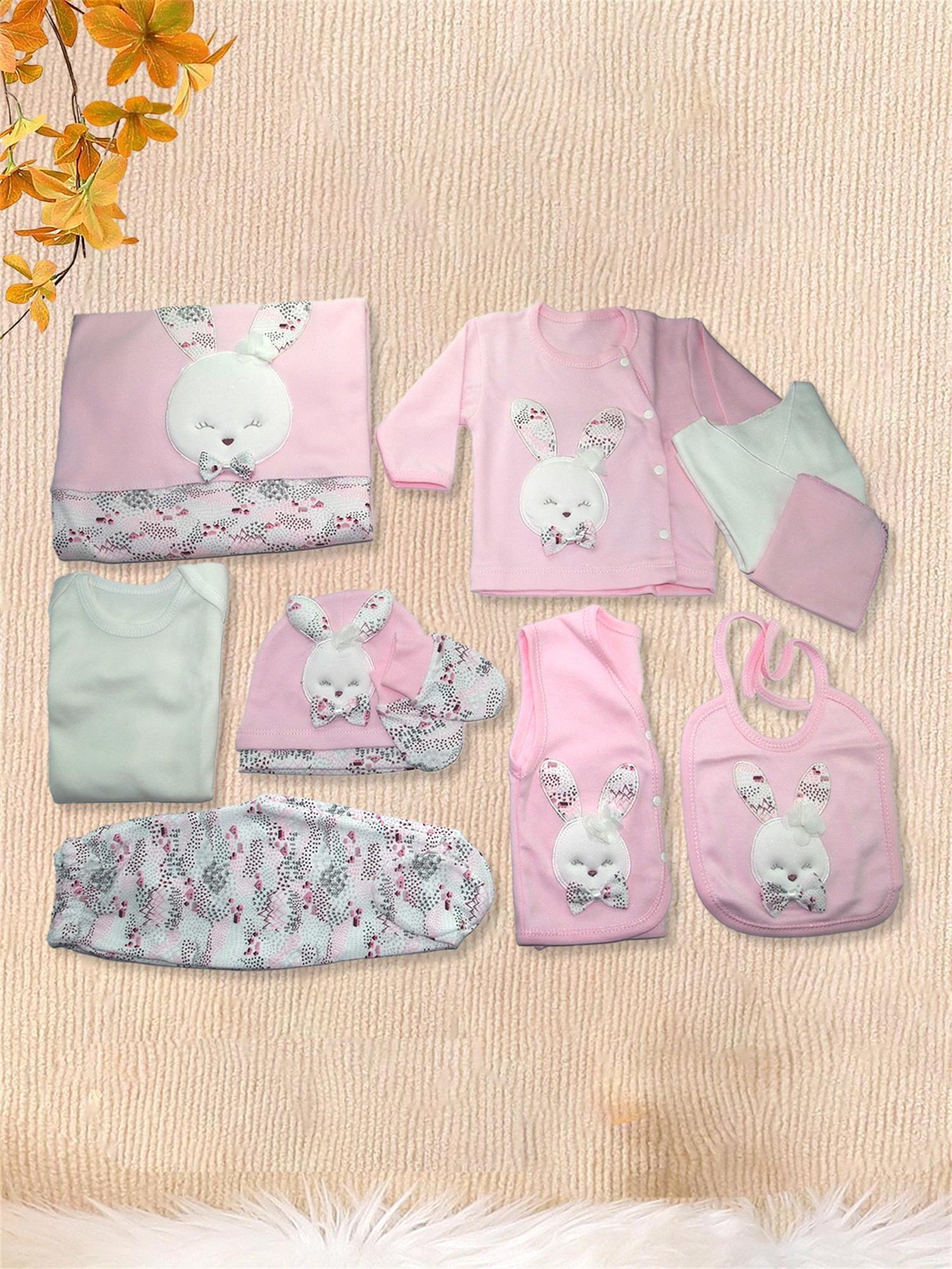 Gaye Kız Bebek Pamuklu 10'lu Tavşanlı Hastane Çıkış Seti Pembe 647