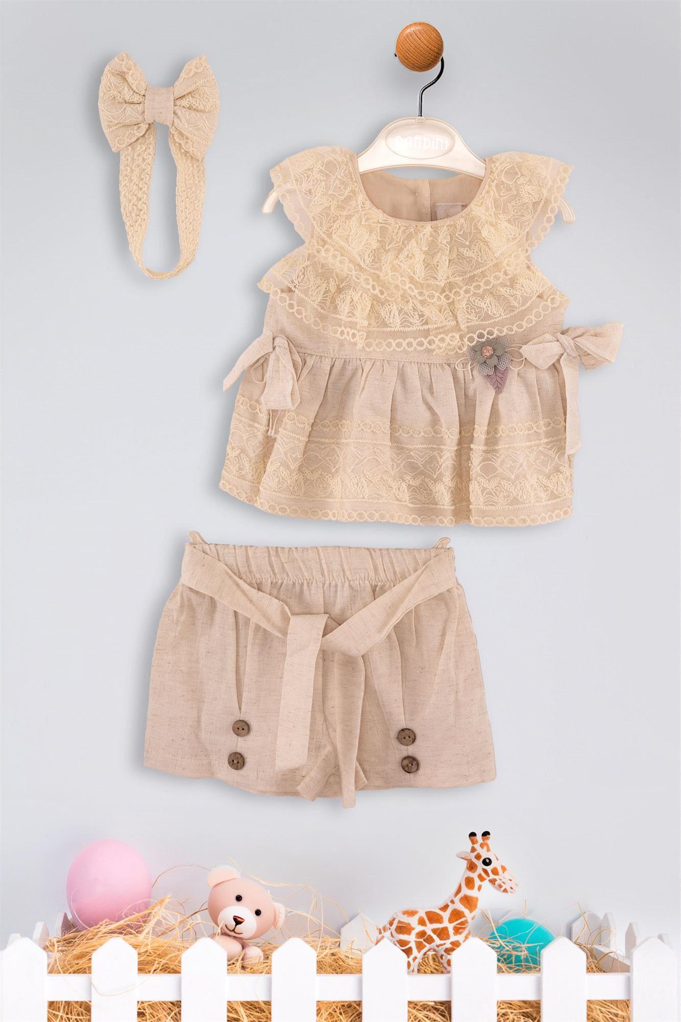 Kinder Baby Dandini Kız Bebek Bandanalı Keten Elbise Takım Bej 6143