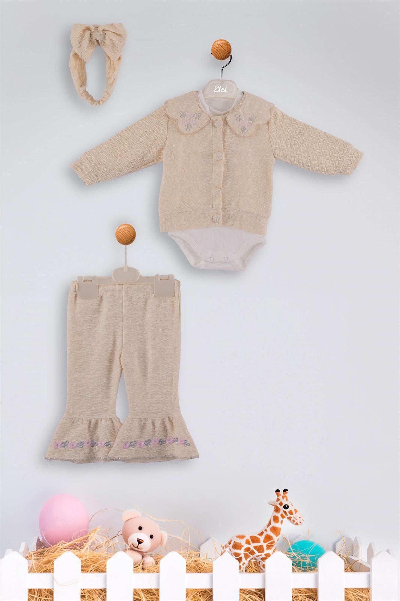 Kinder Baby Elci Baby Kız Bebek 3'lü Hırka Takım Bej/Pembe 6889