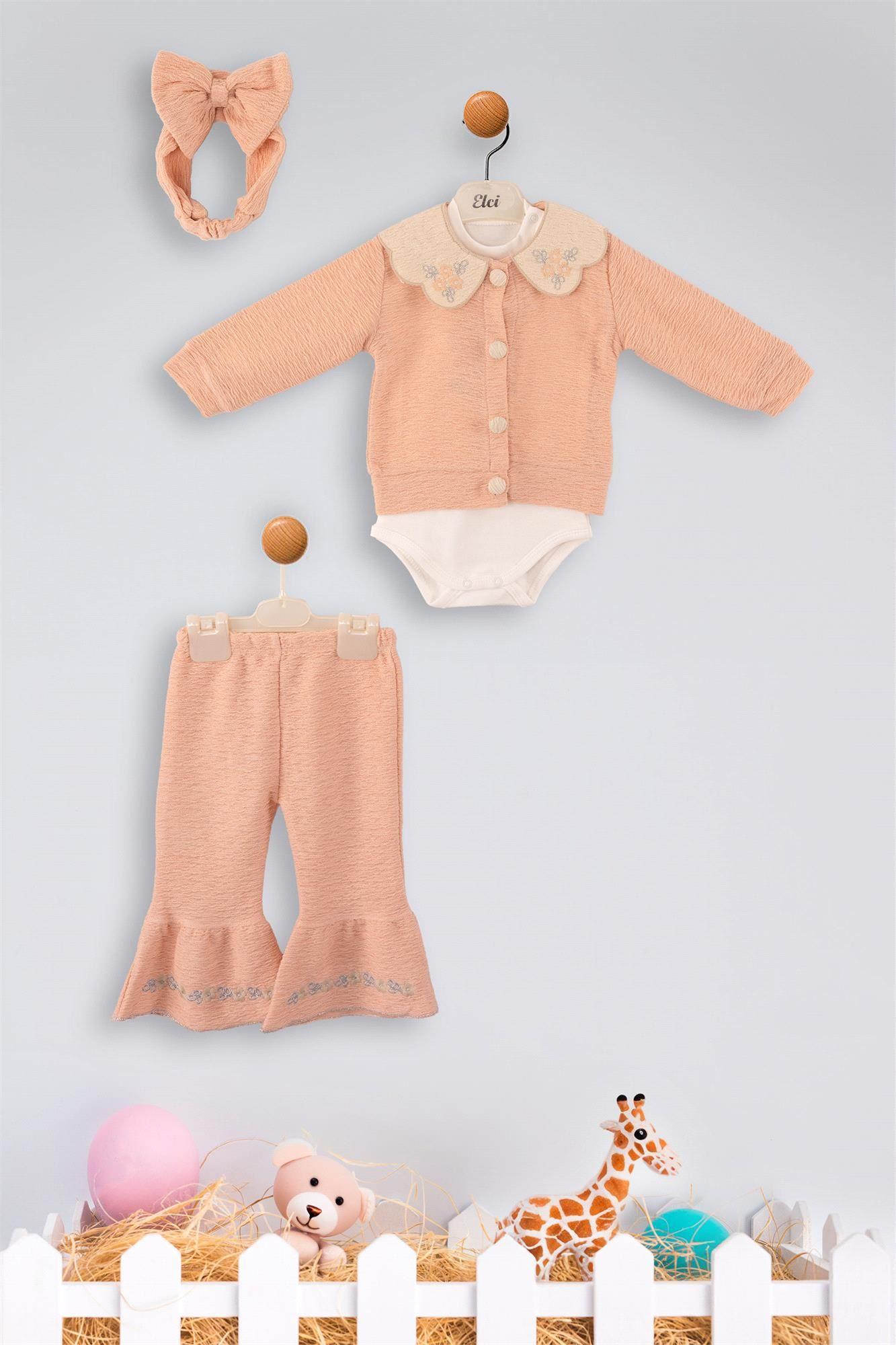 Kinder Baby Elci Baby Kız Bebek 3'lü Hırka Takım Somon 6889