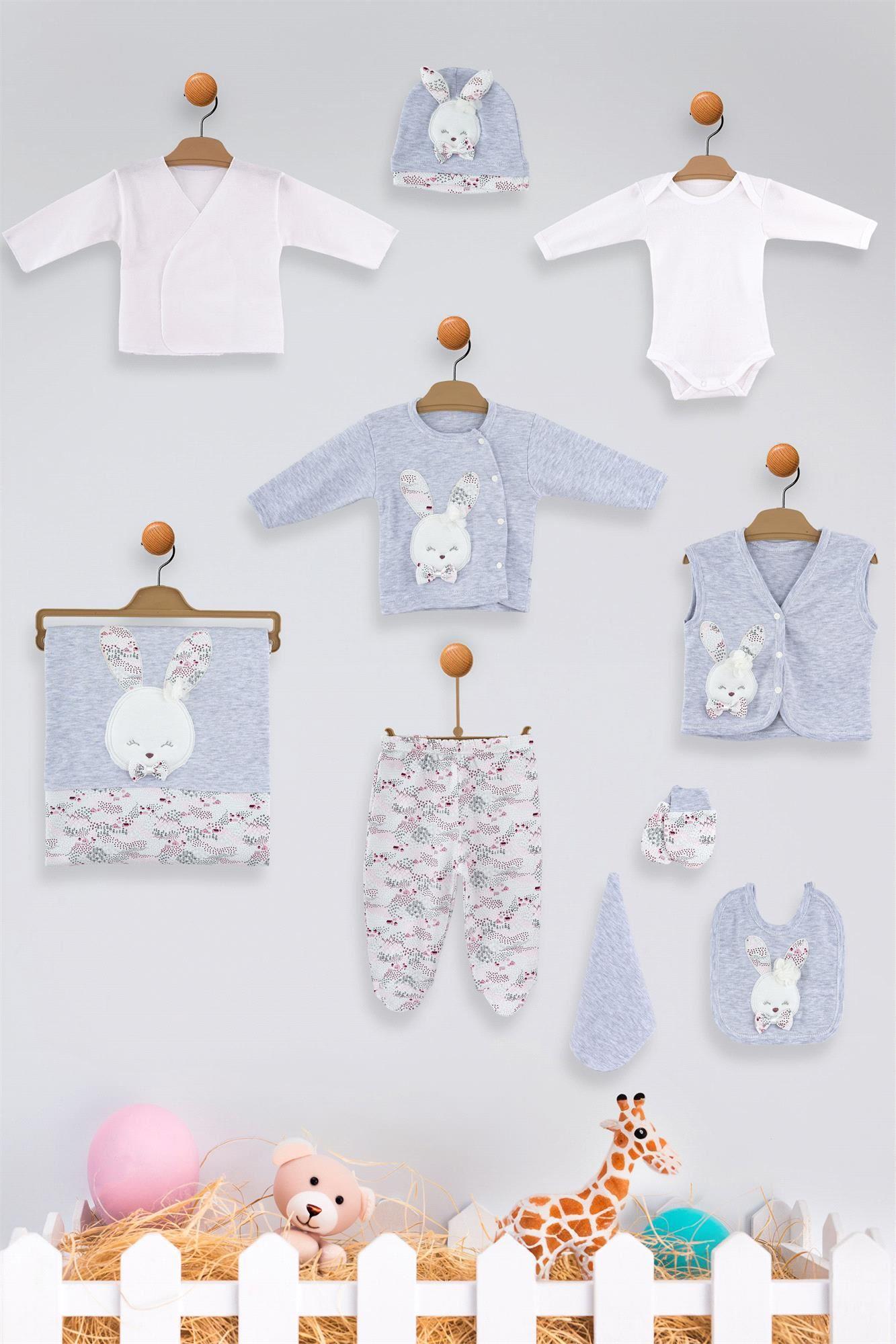 Kinder Baby Gaye Kız Bebek Pamuklu 10'lu Tavşanlı Hastane Çıkış Seti Gri 647