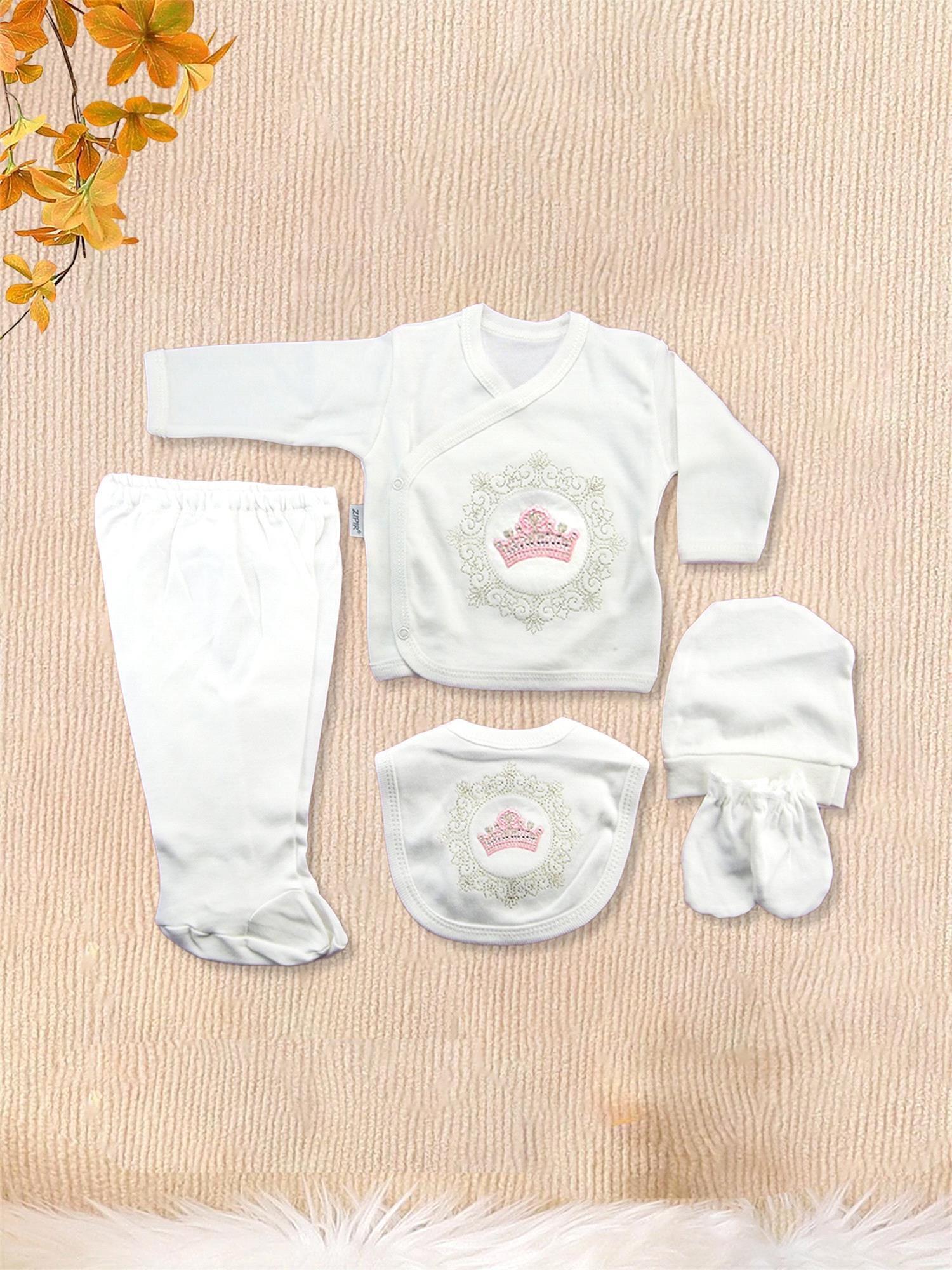Kinder Baby Zıpır Kız Bebek Taçlı 5'li Hastane Çıkış Seti Pembe 523
