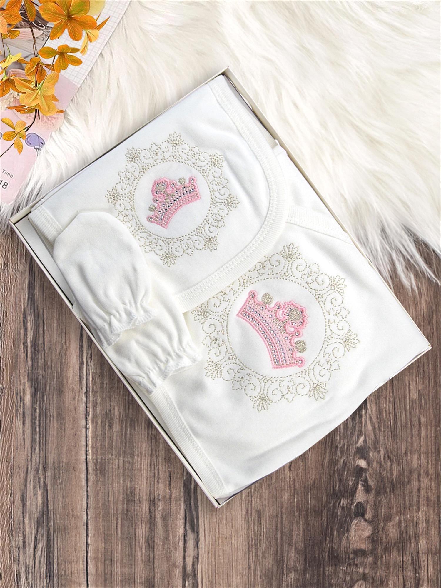 Kinder Baby Zıpır Kız Bebek Taçlı 5'li Hastane Çıkış Seti Pembe 523
