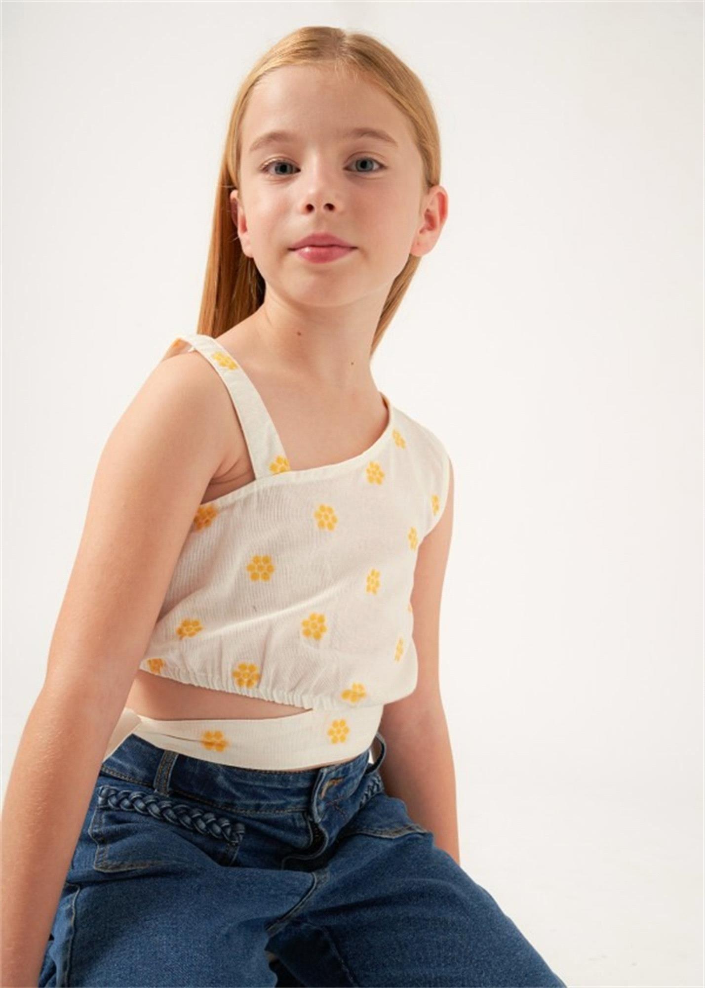 Mayoral Kız Çocuk Çizgili Asimetrik Şakarlı Kolsuz Bluz Krem/Sarı 6022