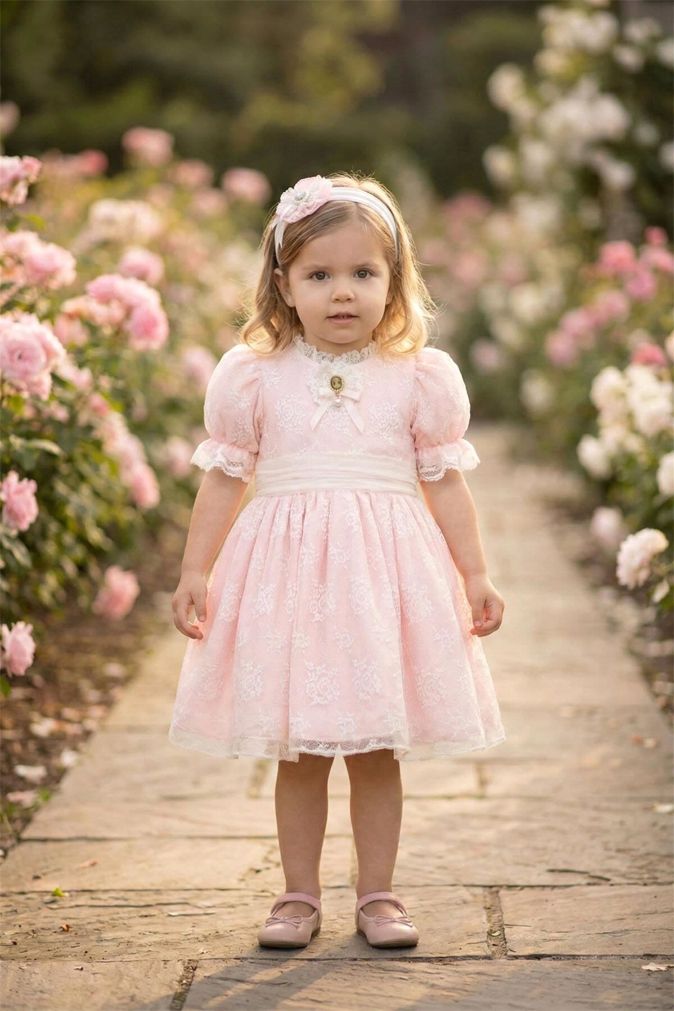 Pamina Kız Bebek Bandanalı Dantelli Elbise Pudra 36315