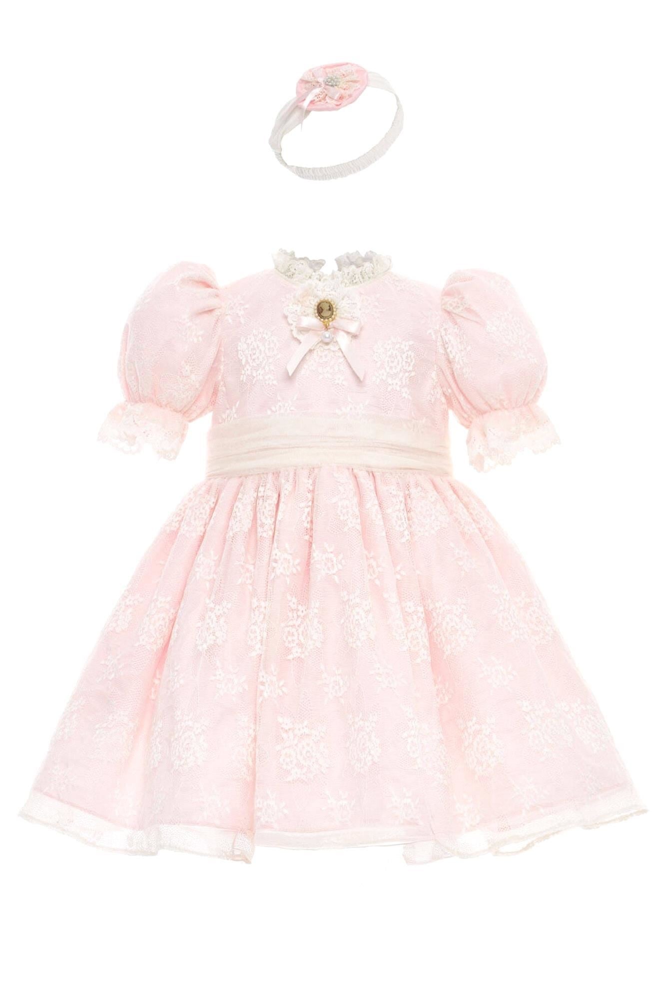 Pamina Kız Bebek Bandanalı Dantelli Elbise Pudra 36315