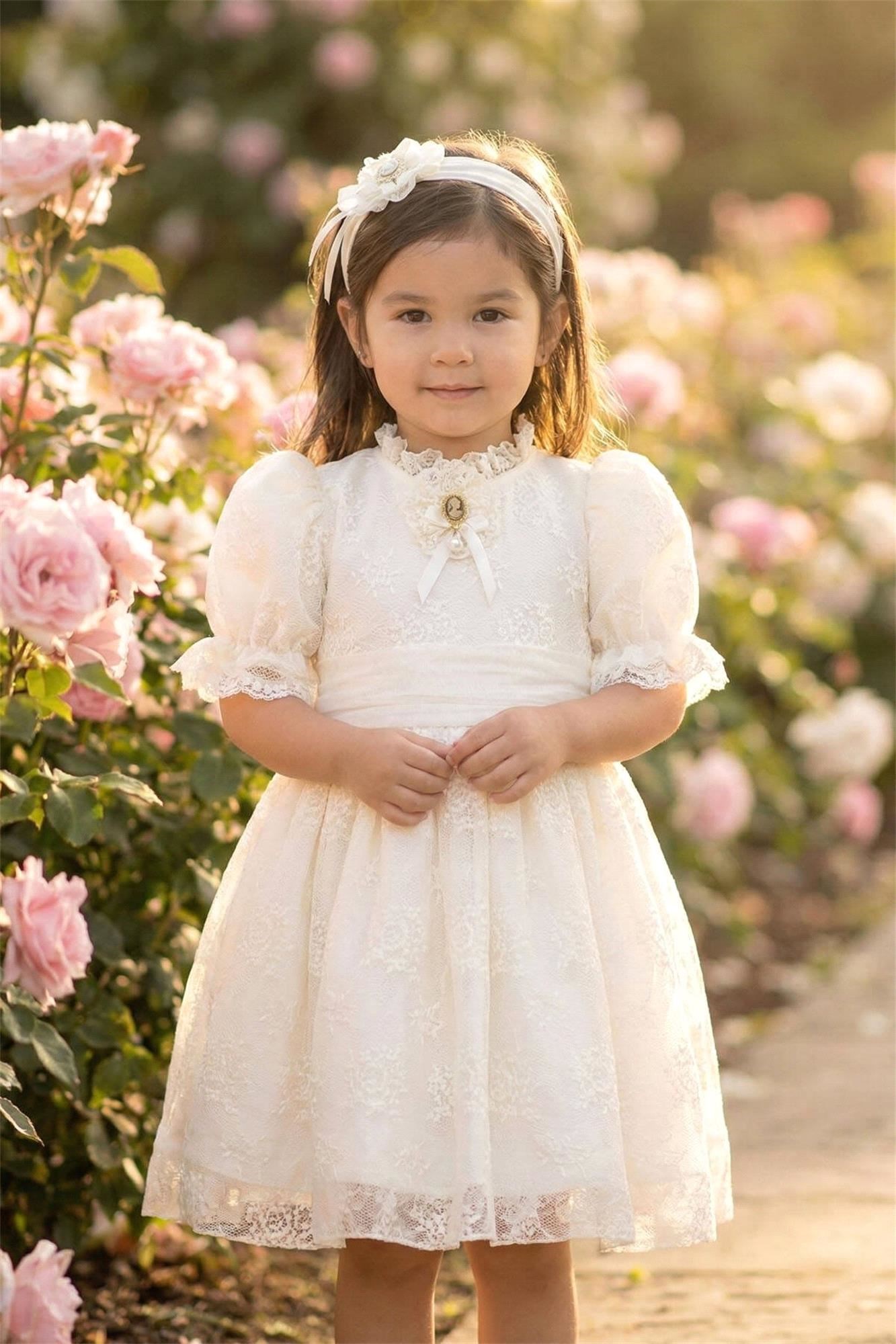 Pamina Kız Bebek Bandanalı Dantelli Elbise Ekru 36315