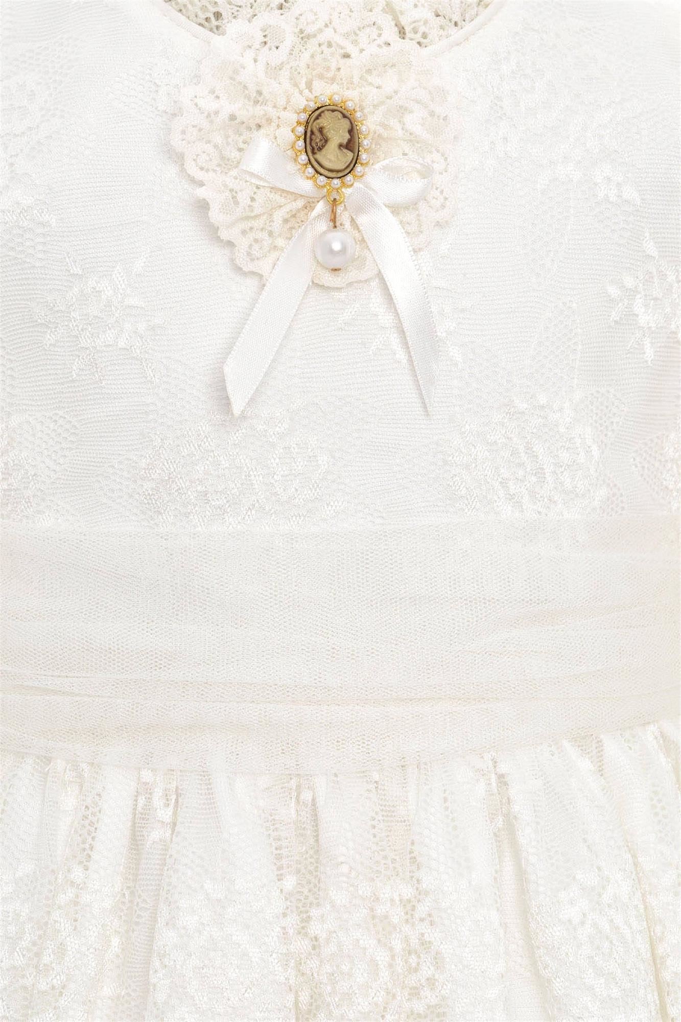 Pamina Kız Bebek Bandanalı Dantelli Elbise Ekru 36315