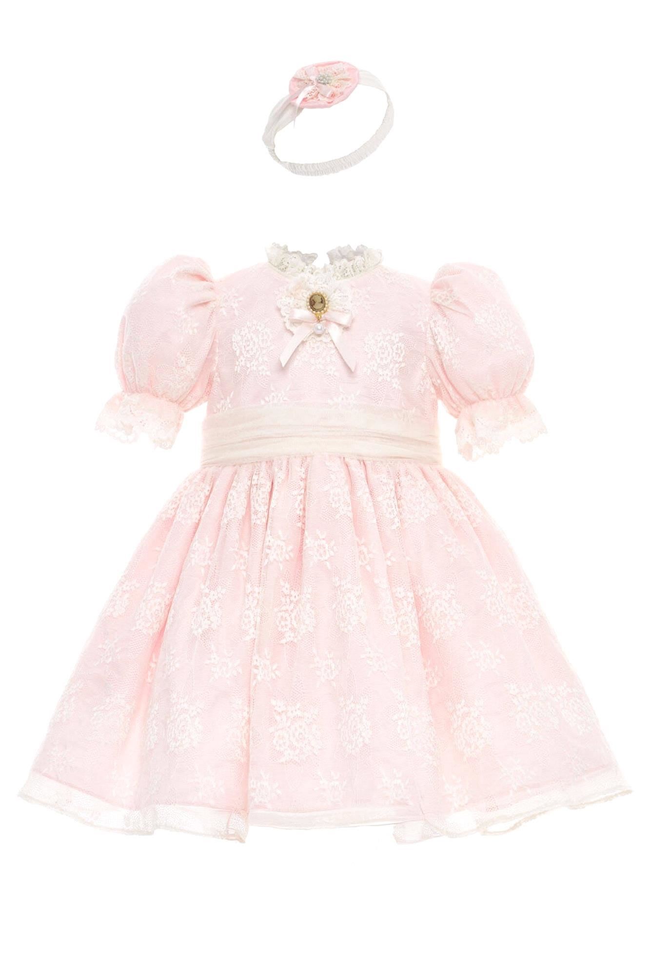 Pamina Kız Bebek Bandanalı Dantelli Elbise Pudra 36315