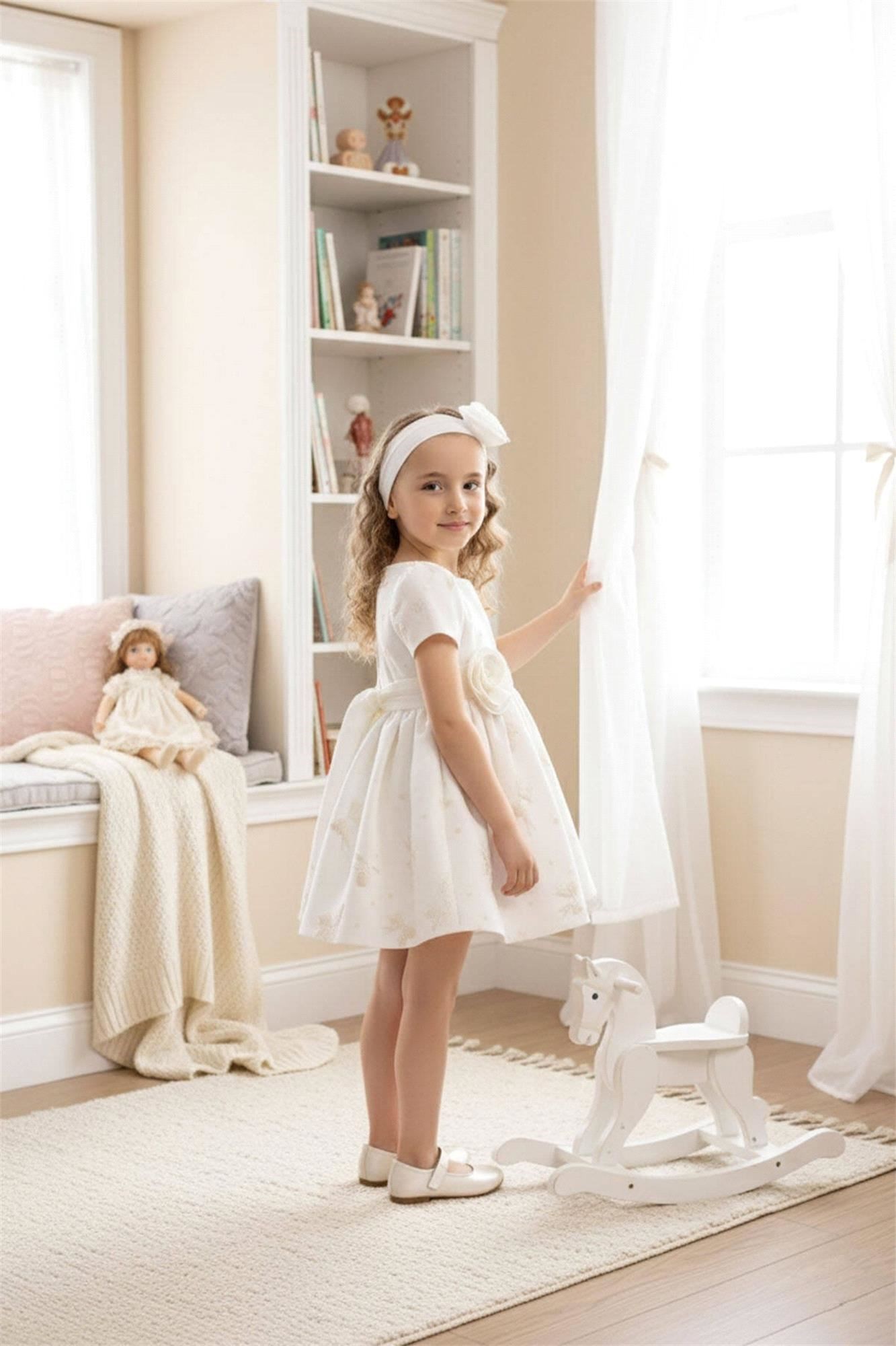 Pamina Kız Bebek Bandanalı Kuşaklı Elbise Ekru 36171