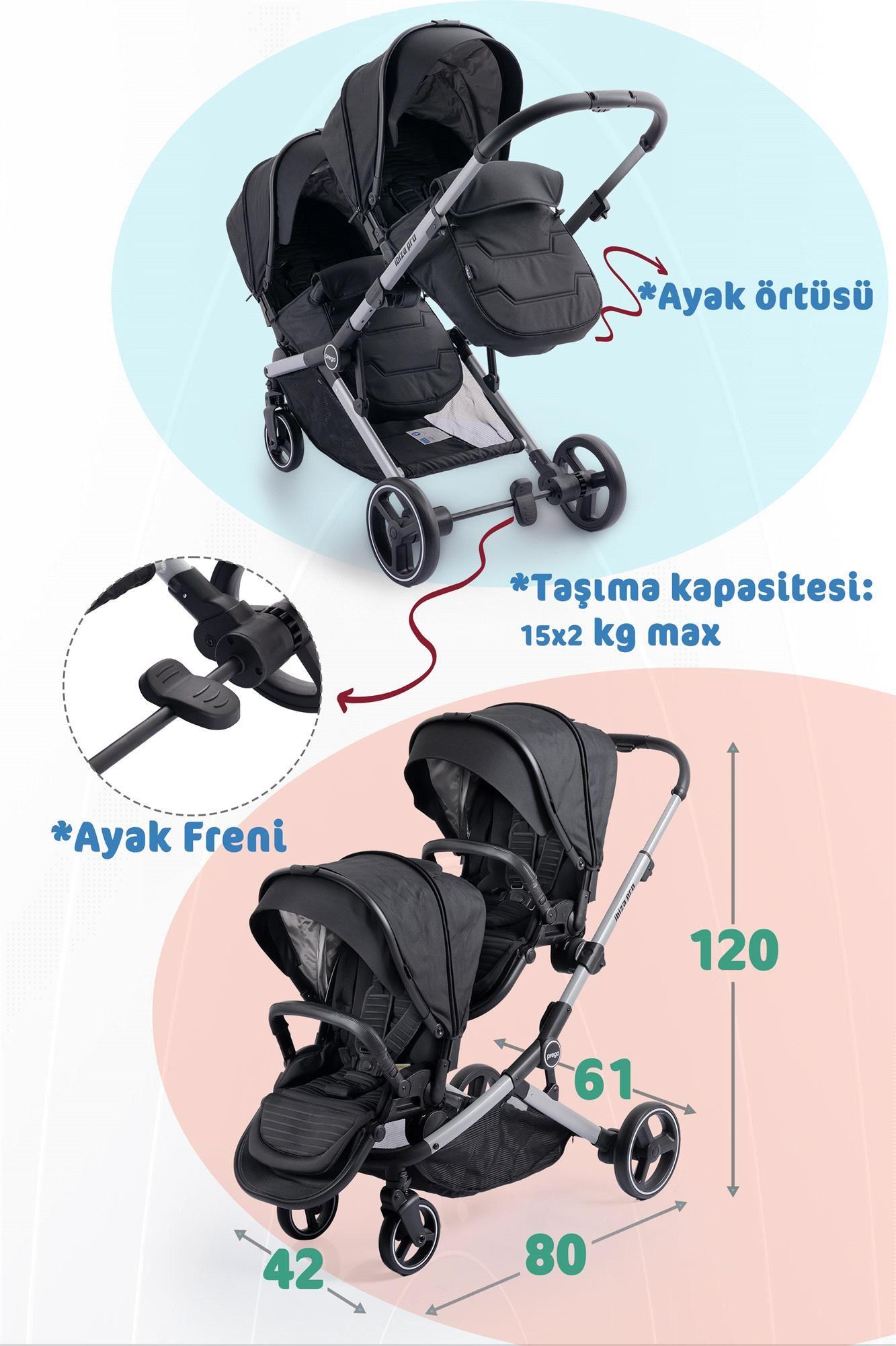 Prego 2071 İbiza Pro İkiz Bebek Arabası Siyah