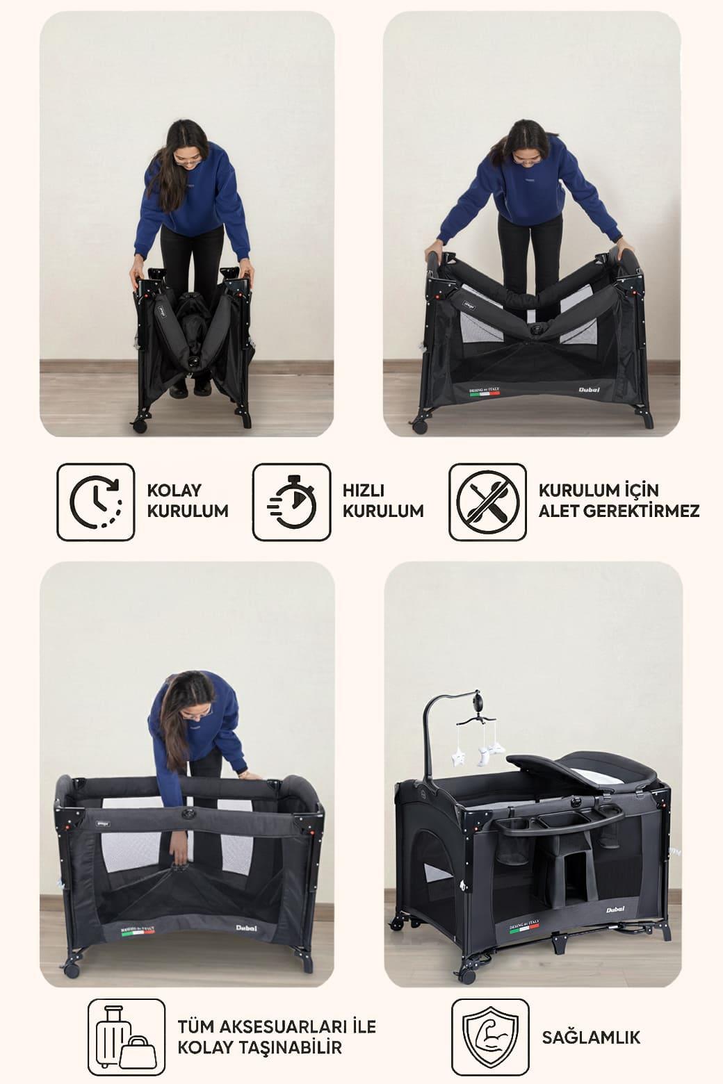 Prego Dubai 3in1 Anne Yanı Park Yatak Oyun Parkı Sallanır Beşik Yana Açılır - Kolay Katlanır +Yatak Hediye FÜME