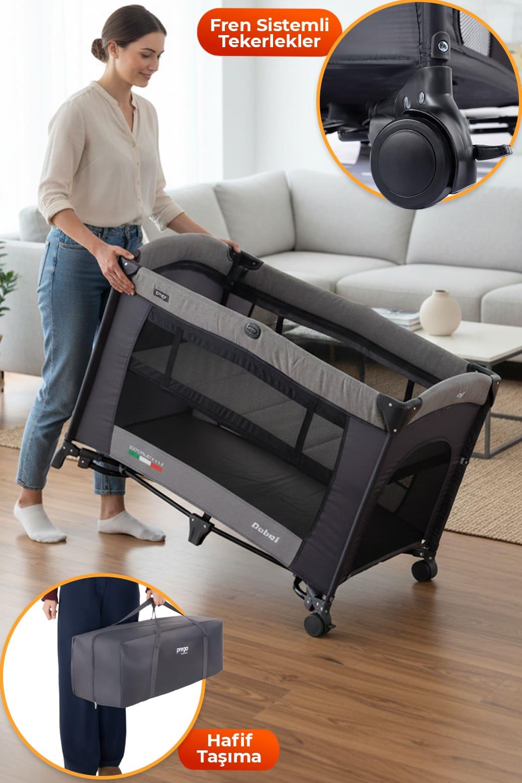 Prego Dubai 3in1 Anne Yanı Park Yatak Oyun Parkı Sallanır Beşik Yana Açılır - Kolay Katlanır +Yatak Hediye GRİ