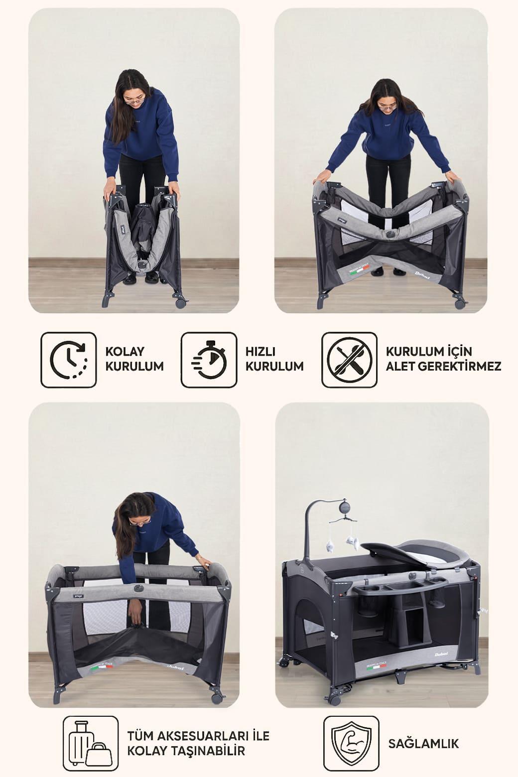 Prego Dubai 3in1 Anne Yanı Park Yatak Oyun Parkı Sallanır Beşik Yana Açılır - Kolay Katlanır +Yatak Hediye GRİ